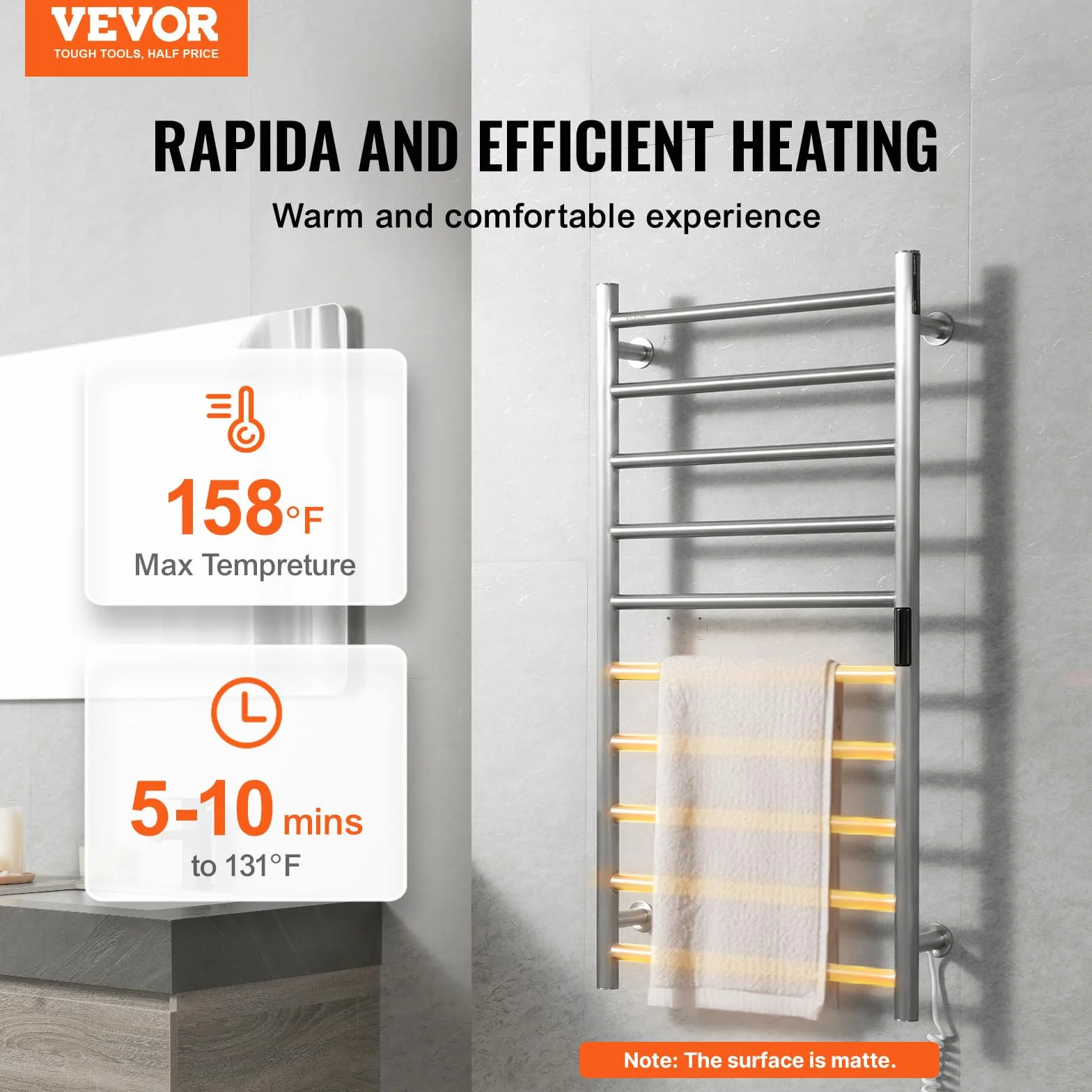 VEVOR Calentador de Toallas con Radiador Toallero con 10 Barras Calentador de Toallas Impermeable con Temporizador y Pantalla LED 5 Niveles de Temperatura Ajustables Montado en la Pared, Plata