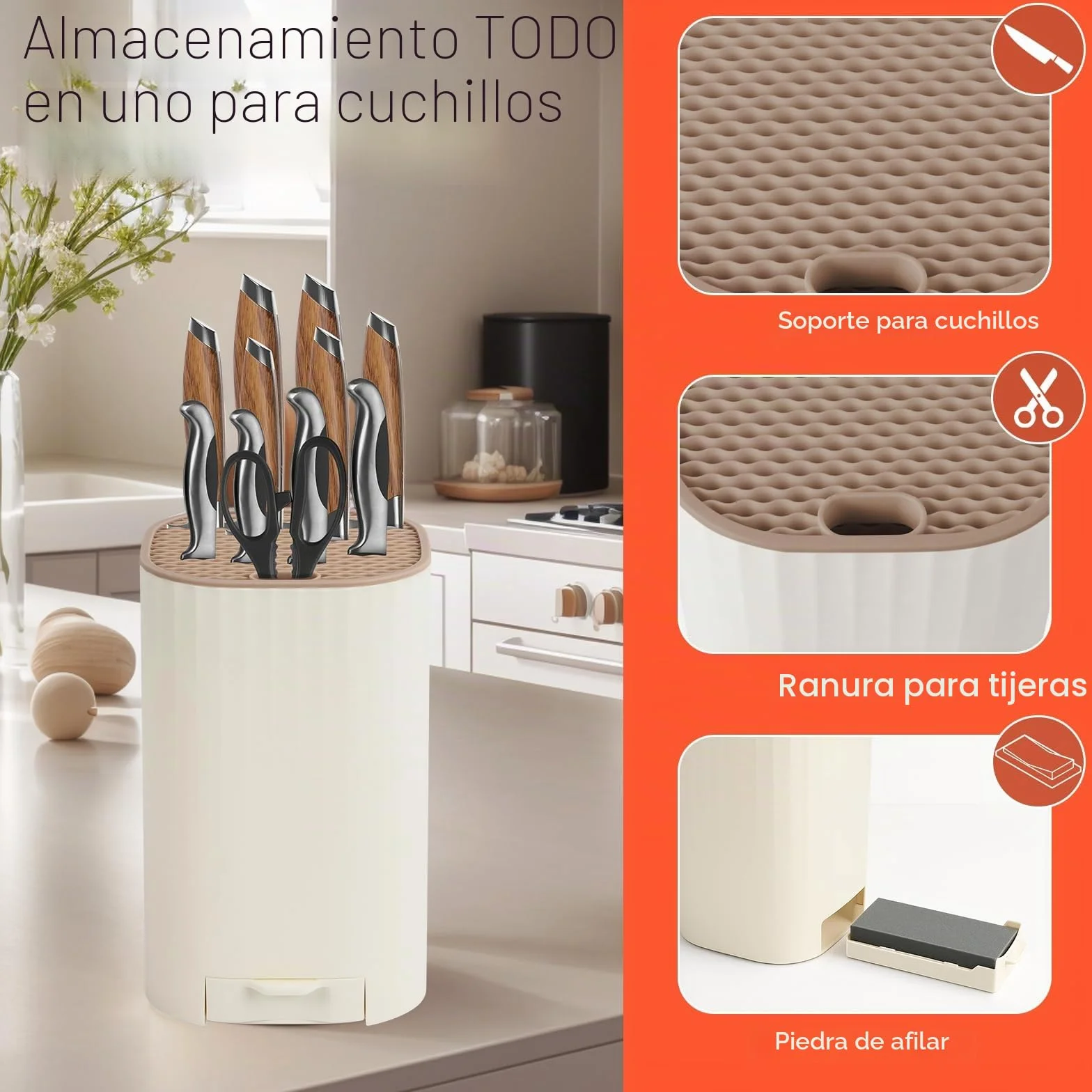 Bloque para Cuchillos sin Cuchillo, Qoosea 4 en 1 Soporte para Cuchillos con Ranura y Piedra de Afilar, Universal Desmontable Porta Cuchillo para Limpieza Fácil y Ahorra Espacio