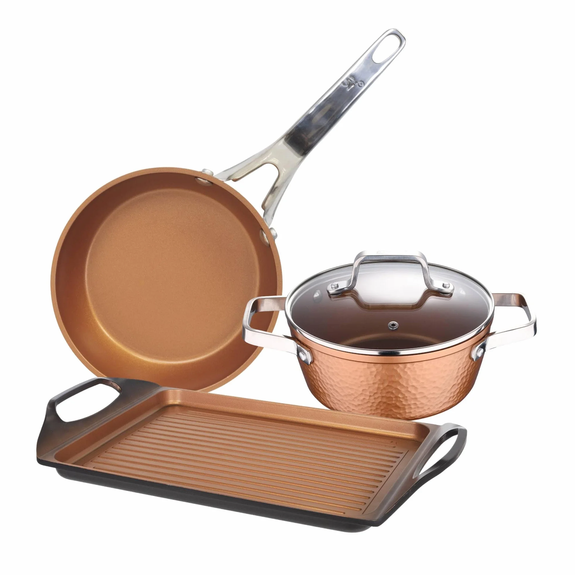 Colección Origen: set de Cacerola con tapa de vidrio, 20 cm, con Plancha asador/grill 45 cm, y Sartén 28 cm, aluminio forjado, aptas para inducción