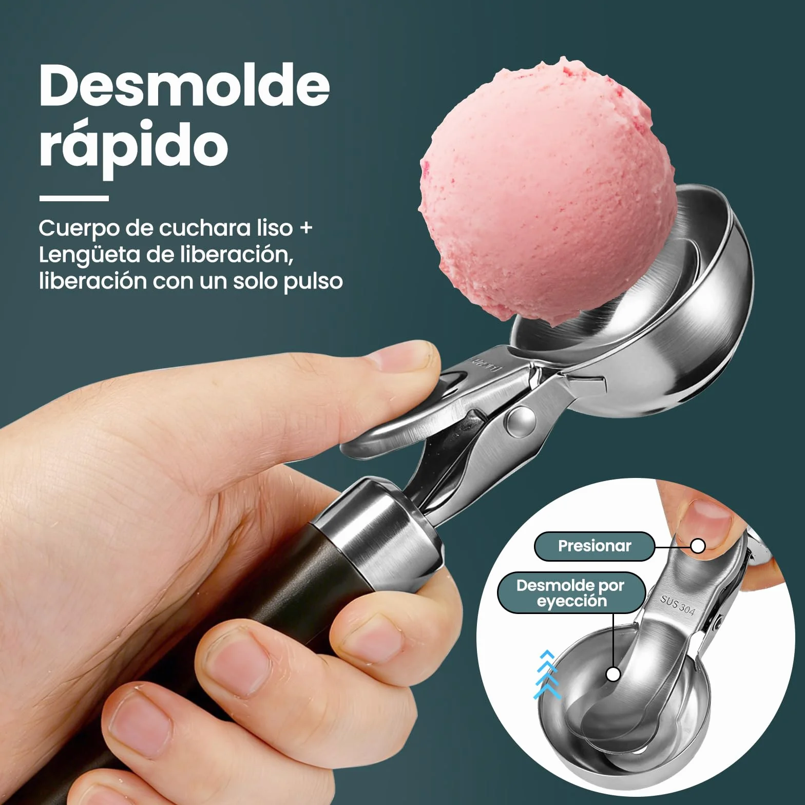 Cuchara Helado de Acero Inoxidable 21 cm, Sacabolas con Gatillo y Mango Cómodo, Pulido Espejo