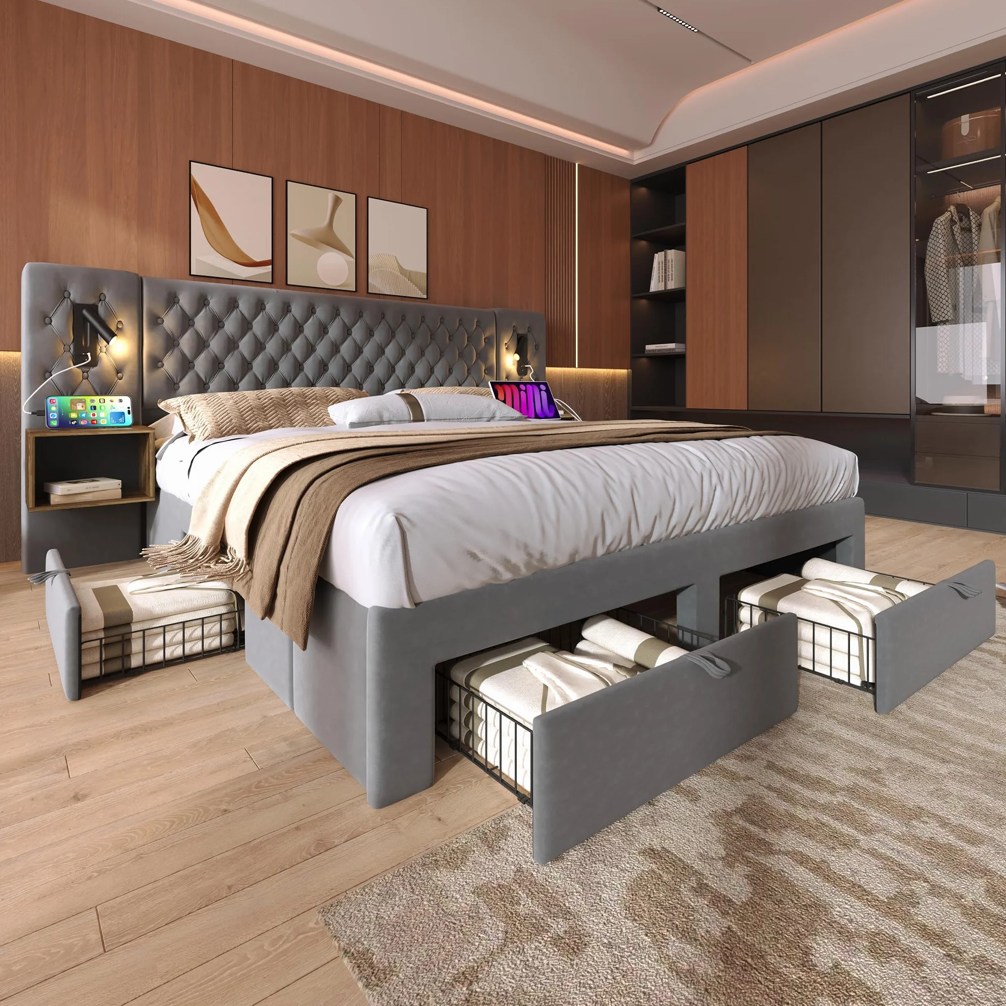 Set completo para dormitorio, cama tapizada matrimonial 180×200 cm con 2 mesitas de noche y 4 cajones, cabecero con luz de lectura y función de carga USB, en terciopelo, sin colchón