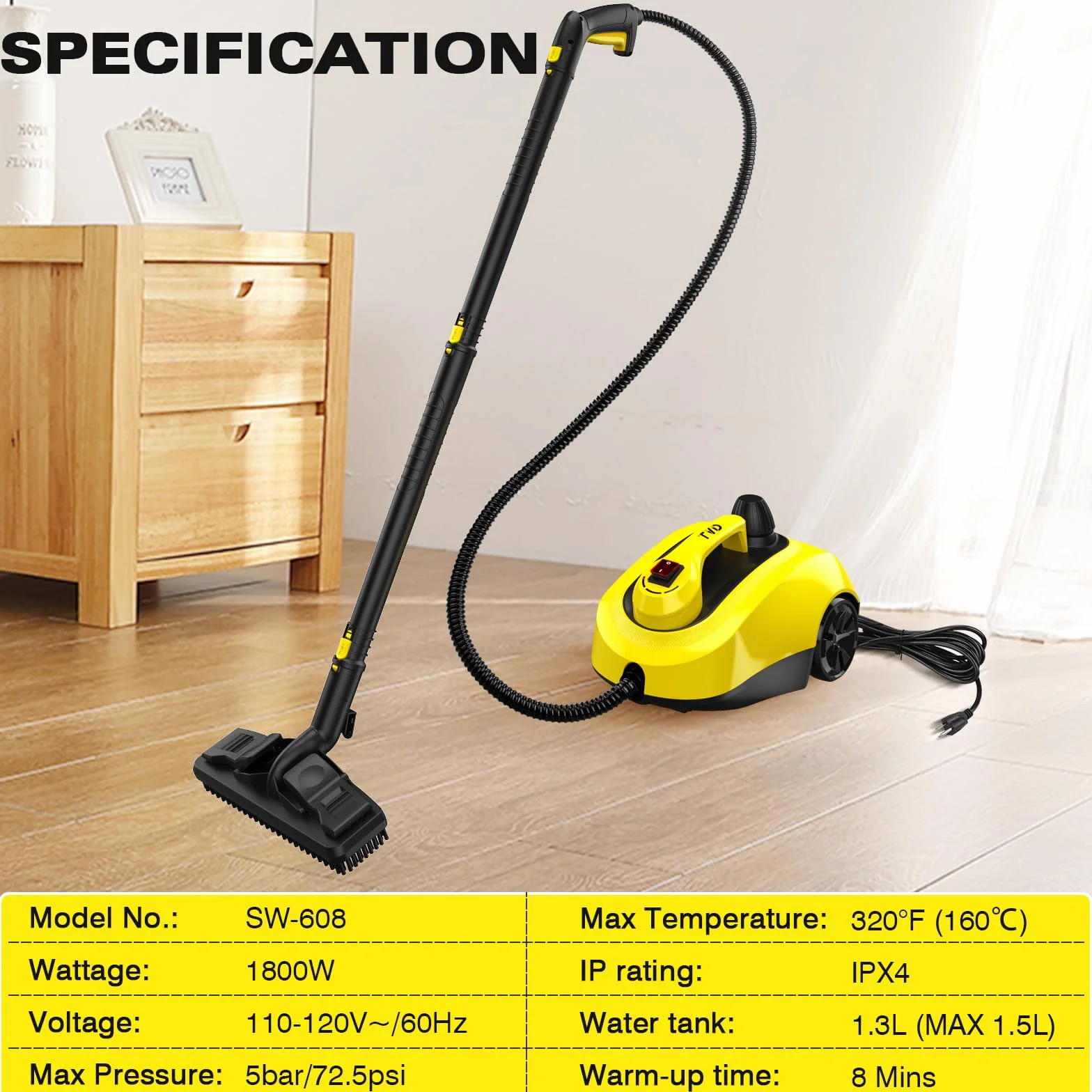 TVD Limpiador de vapor, limpiador de tejidos, con un cable de alimentación extralargo de 5 metros. Adecuado para hornos, alfombras, sofás, baños, superficies de tela y mucho más.
