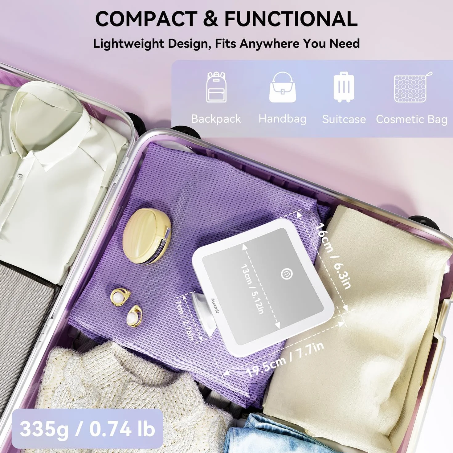 Auxmir Espejo Maquillaje con Luz 30X, 2000 mAh USB Recargable, 360° Giratorio, 3 Colores Luz, Inalámbrico