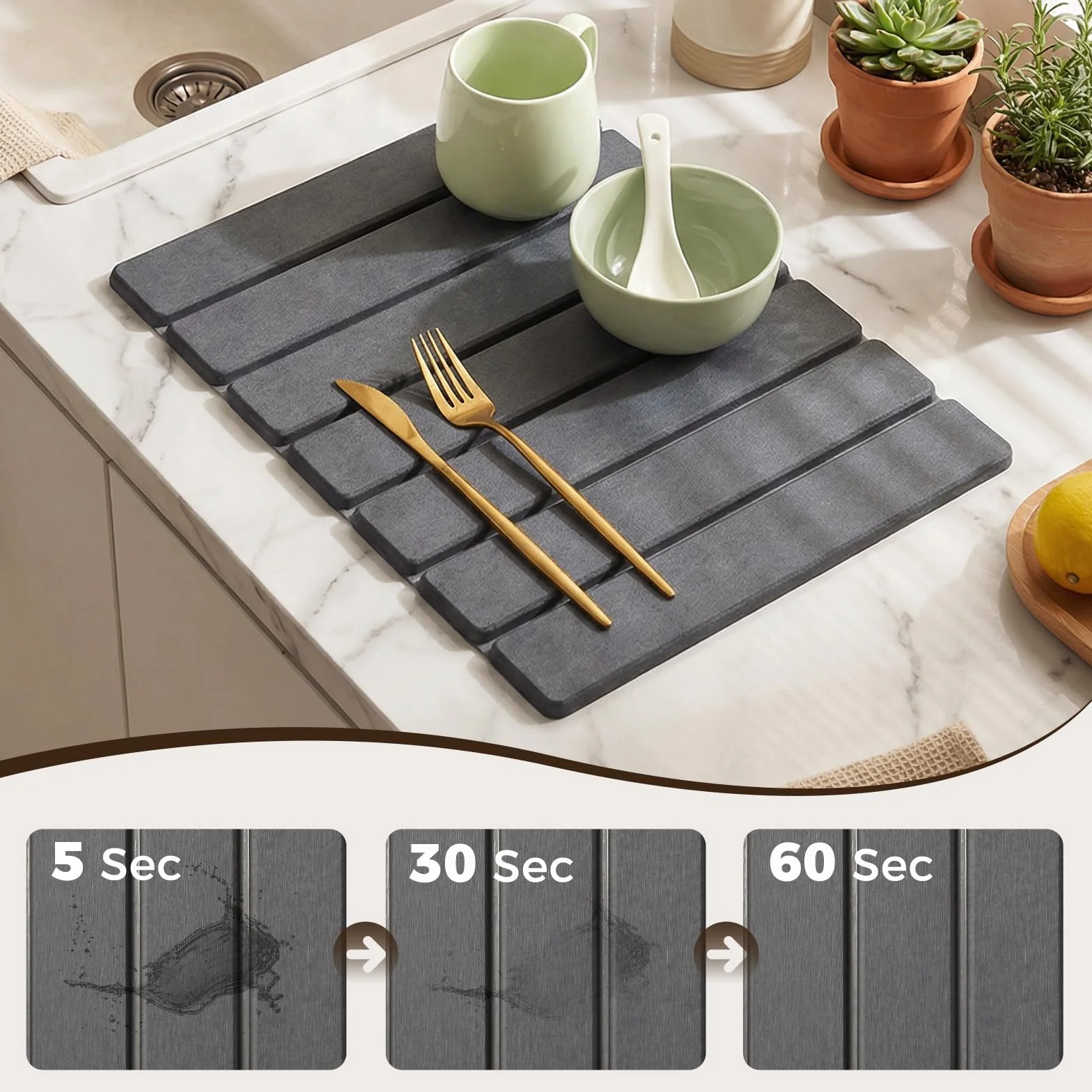 Escurreplatos de Diatomita Absorción Rápida y Secado Rápido Piedra Diatomita Alfombrilla Escurridor de Platos Fregadero Cocina Gris Oscuro 40 x 30cm