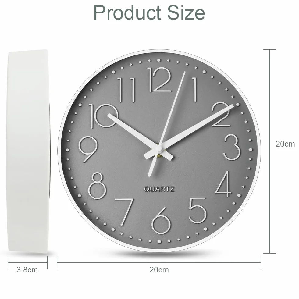 Aolso Reloj de Pared 8 Pulgadas Silencioso Movimiento de Cuarzo Clásico Moderno Decorativo Cocina Comedor Habitación Funciona con Pilas Gris