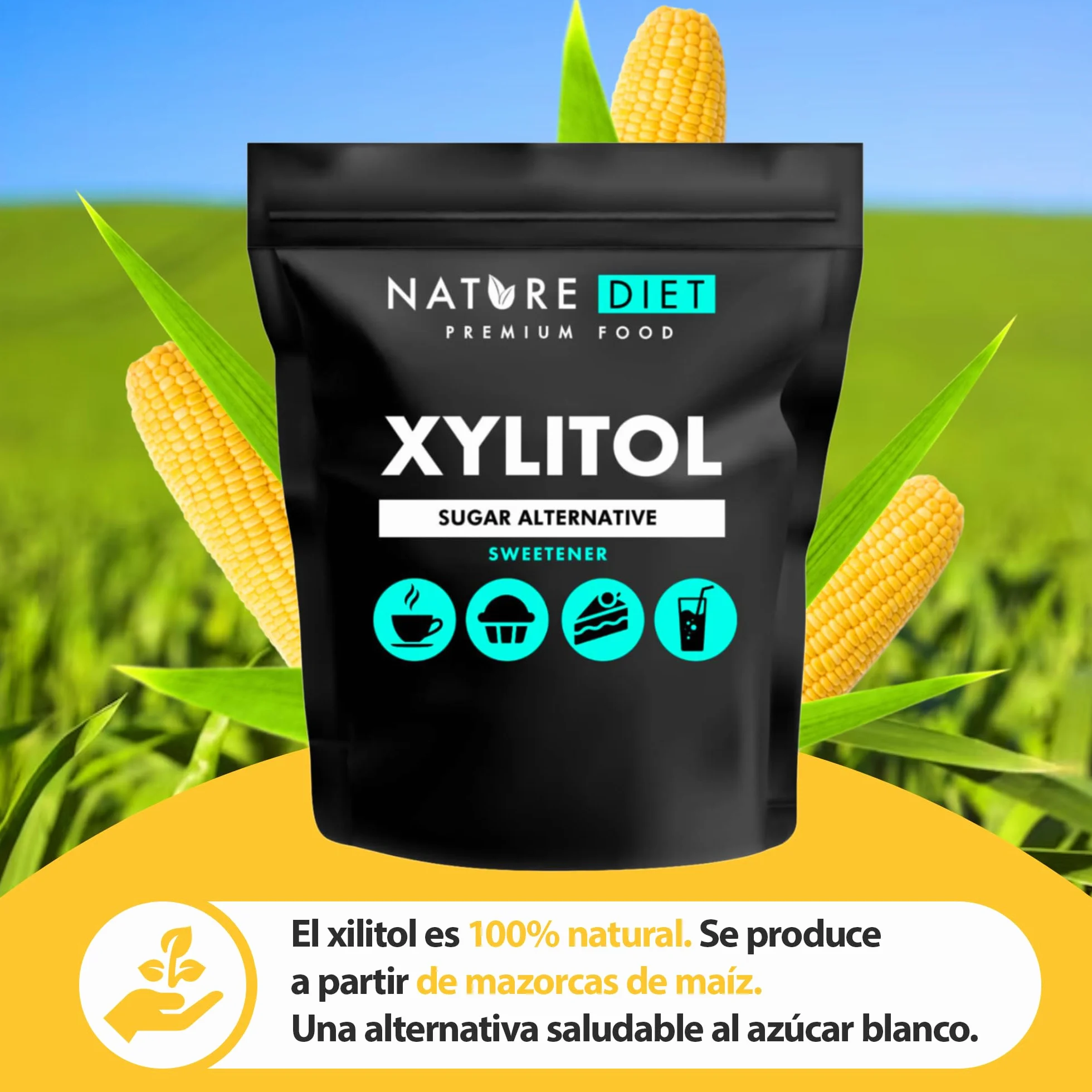 Nature Diet Xylitol 2 x 1 kg Sustituto del Azúcar Edulcorante de Origen Vegetal Bajo Índice Glucémico