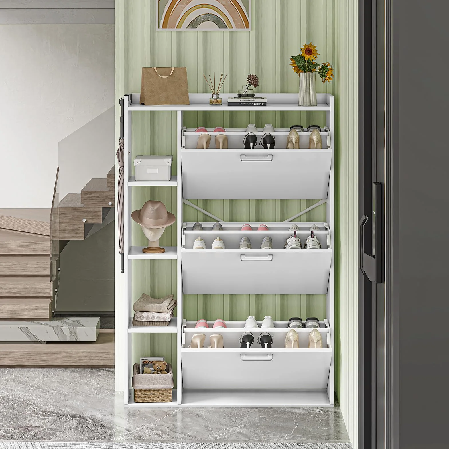 Zapatero Estrecho Recibidor Mueble Zapatero 3 Puertas con 4 Compartimentos de Almacenamiento para 18-24 Pares de Zapatos，para Sala de Estar, Pasillo de Entrada, 80x24x122cm Blanco