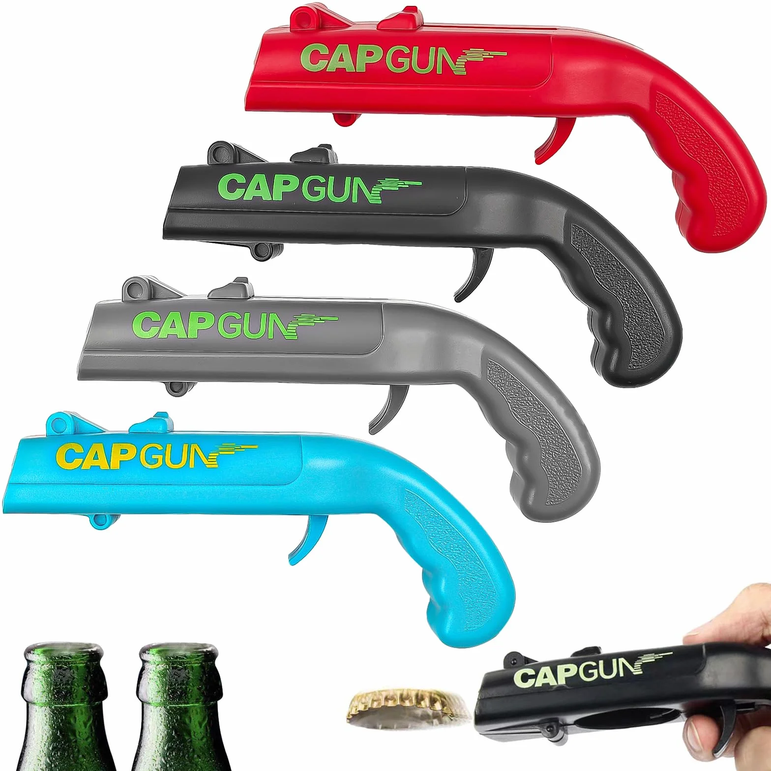 4 Piezas Abrebotellas Pistola Creativa, Cap Gun Abrebotellas Abridor Cerveza, Abridor de Botellas de Cerveza Para el Hogar, Restaurante, Bar, Fiesta, Regalo Divertido