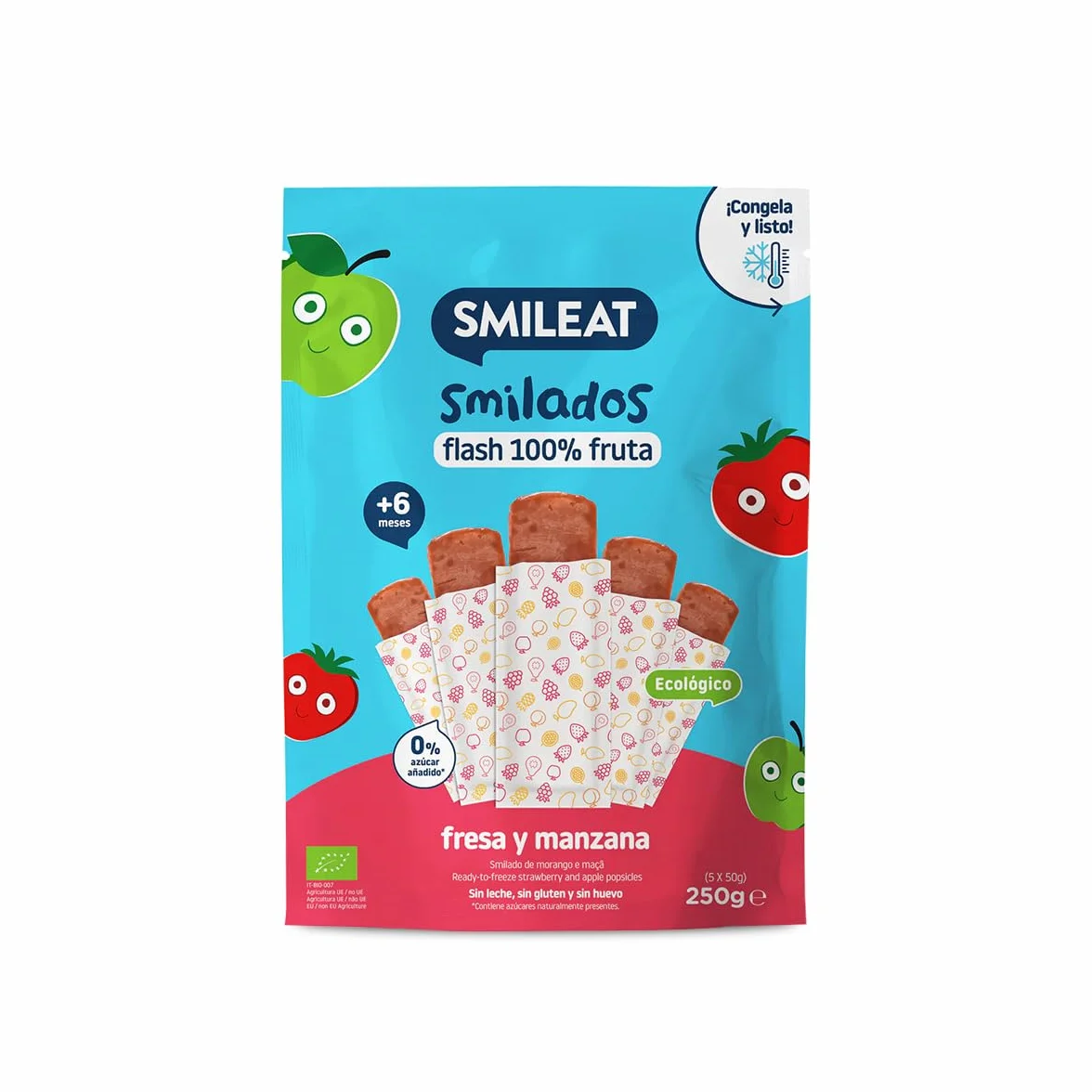 Smileat Smilados de Frutas Ecológicas Flash de Fresa y Manzana Sin Azúcar Añadido Sin Gluten 5x50g