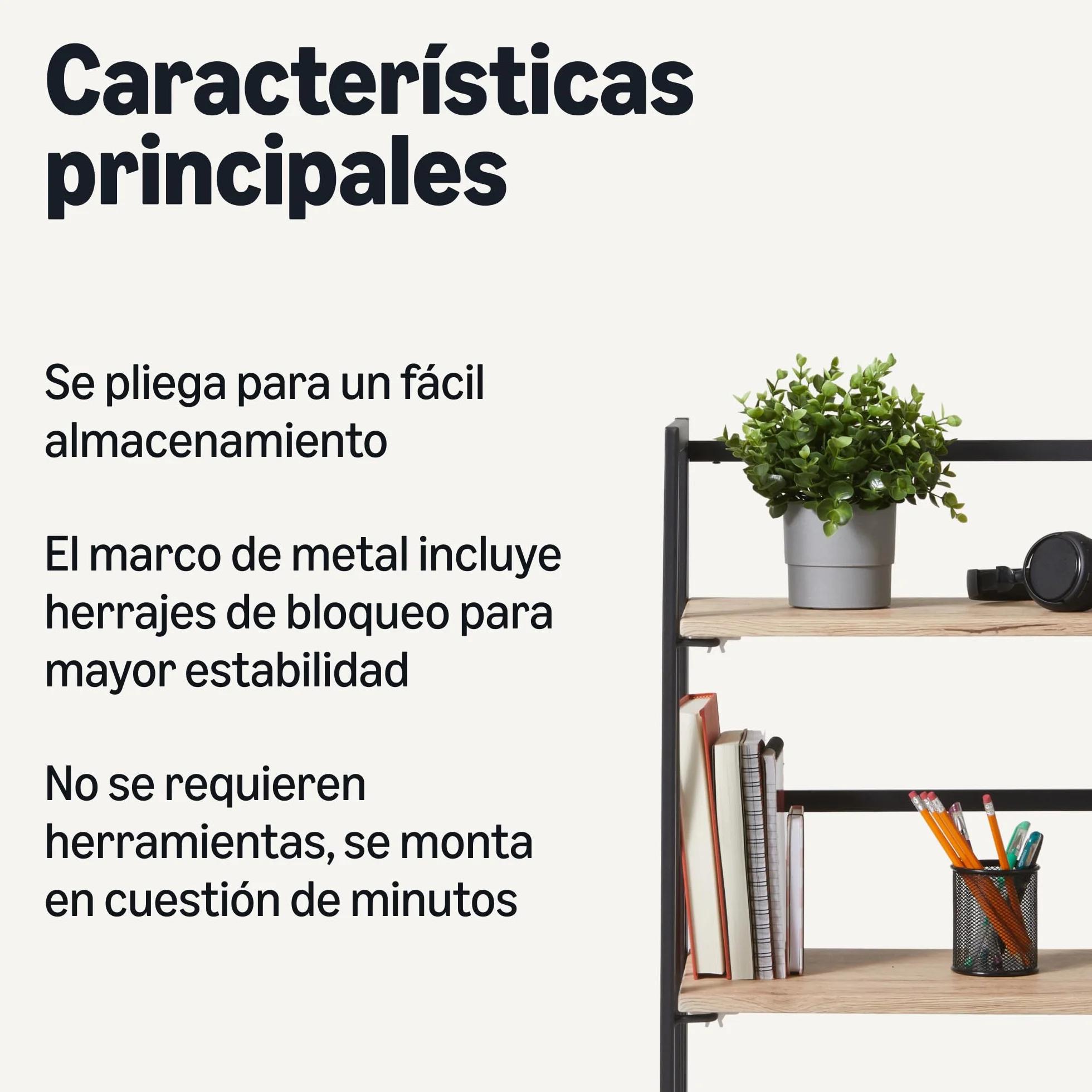 Amazon Basics Librería Plegable, Estructura de Metal, 4 Estantes de Madera, Sala de Estar, Dormitorio, Oficina en Casa, Fácil Montaje, Roble, 29,5cm x 60cm x 125cm