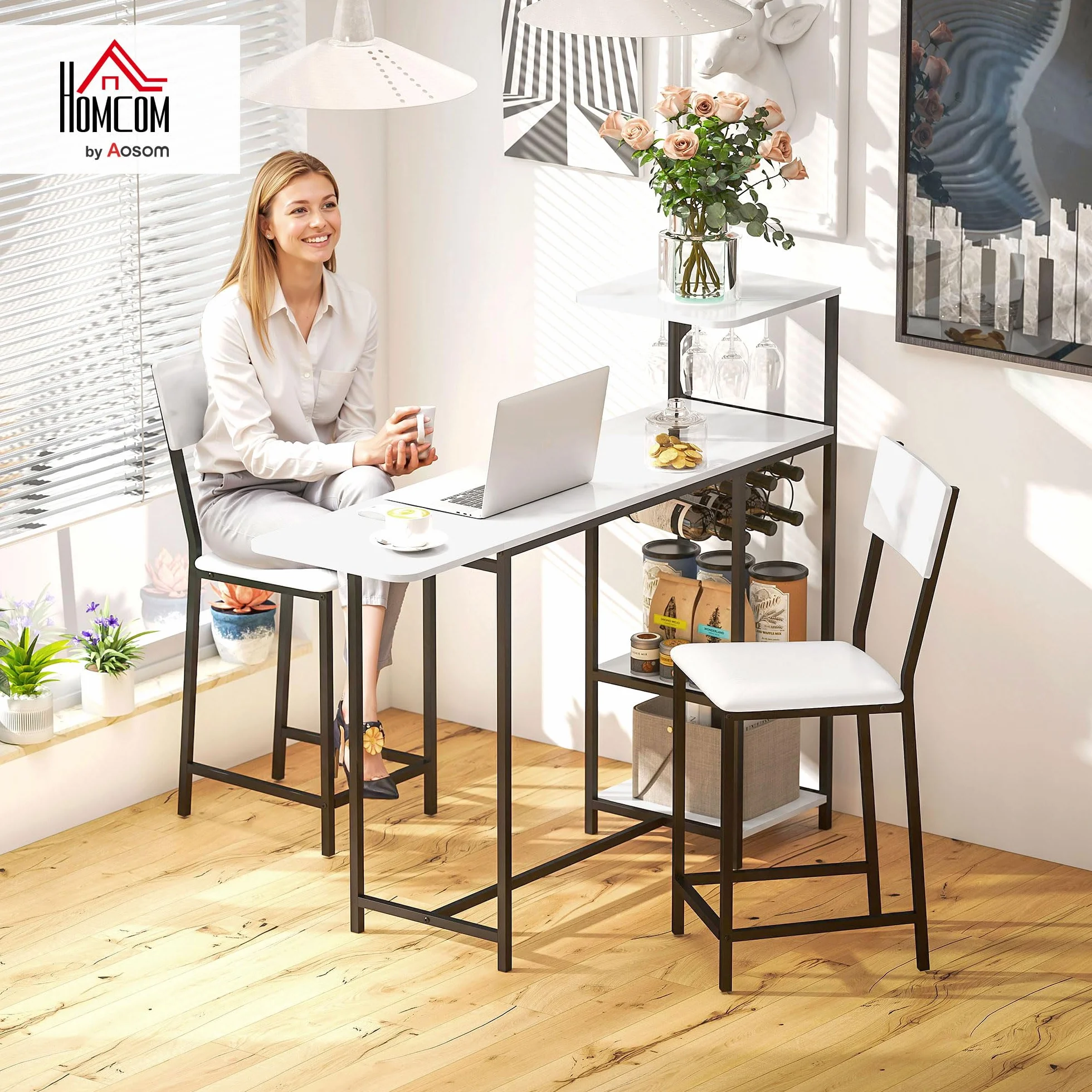 HOMCOM - Conjunto de Mesa de Bar con taburetes, Mesa de Comedor de pie con 2 sillas de Bar, Tapa Plegable, taquillas para Vino, portavasos, estantes Abiertos y reposapiés, Efecto mármol Blanco