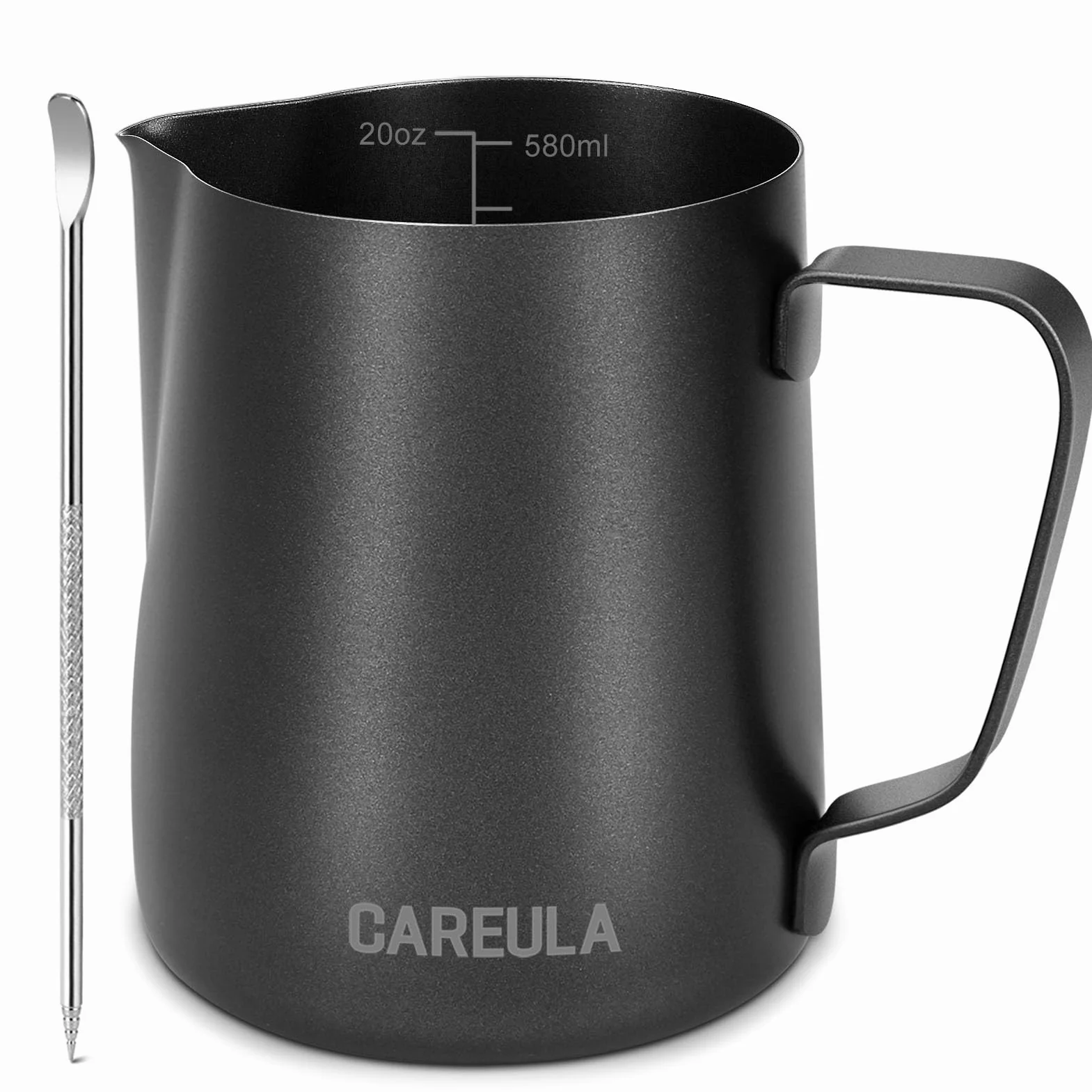 Jarra de espuma de leche, jarra de acero inoxidable de 20 onzas, jarra de vapor, barra de café, capuchino, espresso, accesorios de máquina de barista, jarra de leche de metal con bolígrafo de arte