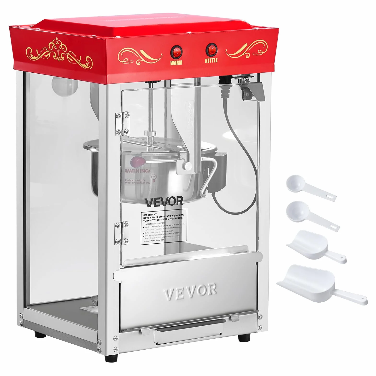 VEVOR Máquina de Palomitas con Hervidor de Acero Inoxidable de 0,2 kg, 800 W, 48 Tazas, Estilo Cine, con Control de 2 Botones, Puerta de PC con Panel de Vidrio, 1 Cucharada y 3 Cucharas, Rojo