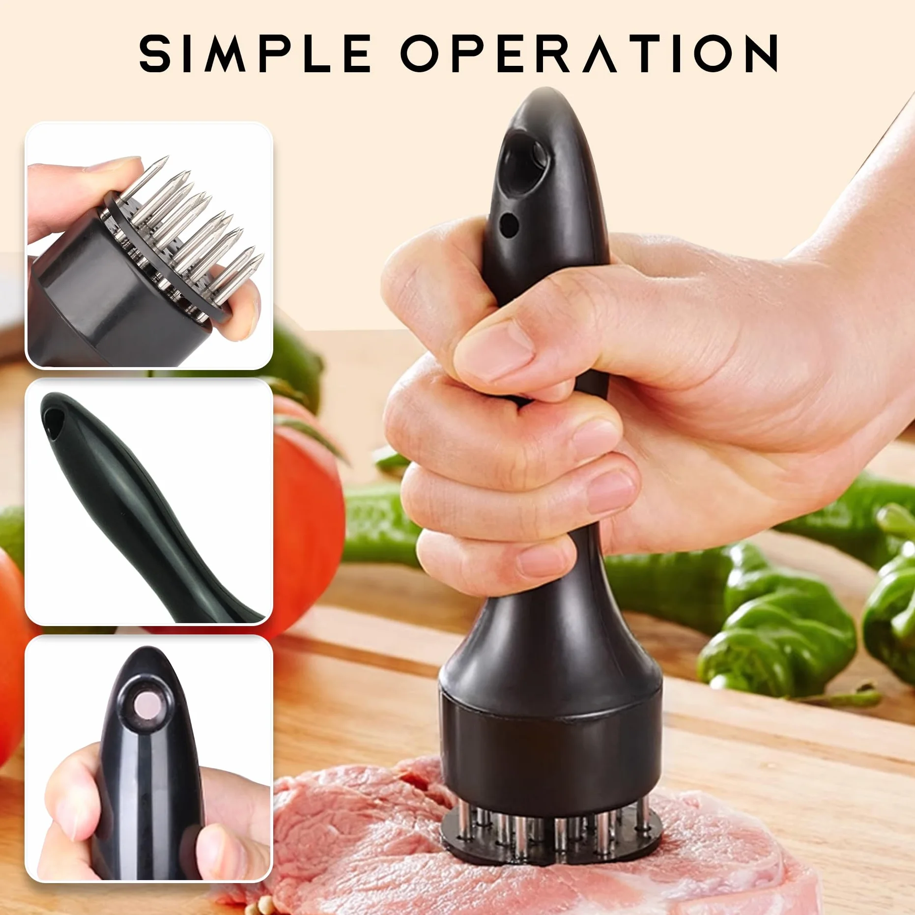 Aguja ablandadora de carne, herramienta para cocinar cerdo, pollo, res, cordero, pescado (negro)