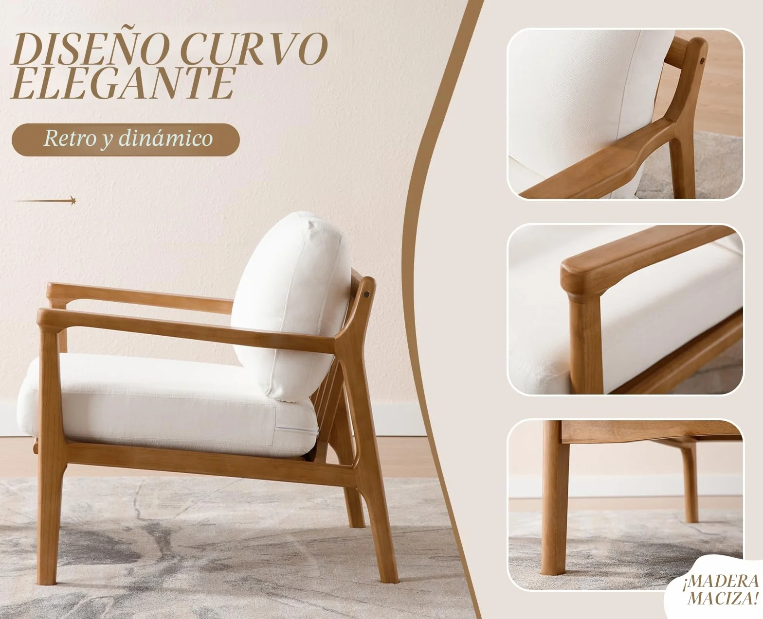 chairus Sillón de Salón en Lino Sillón con Patas de Madera, Butaca Ocio con Asiento y Respaldo Acolchados Butaca Estilo Japonés Minimalista para Salón/Dormitorio, Beige