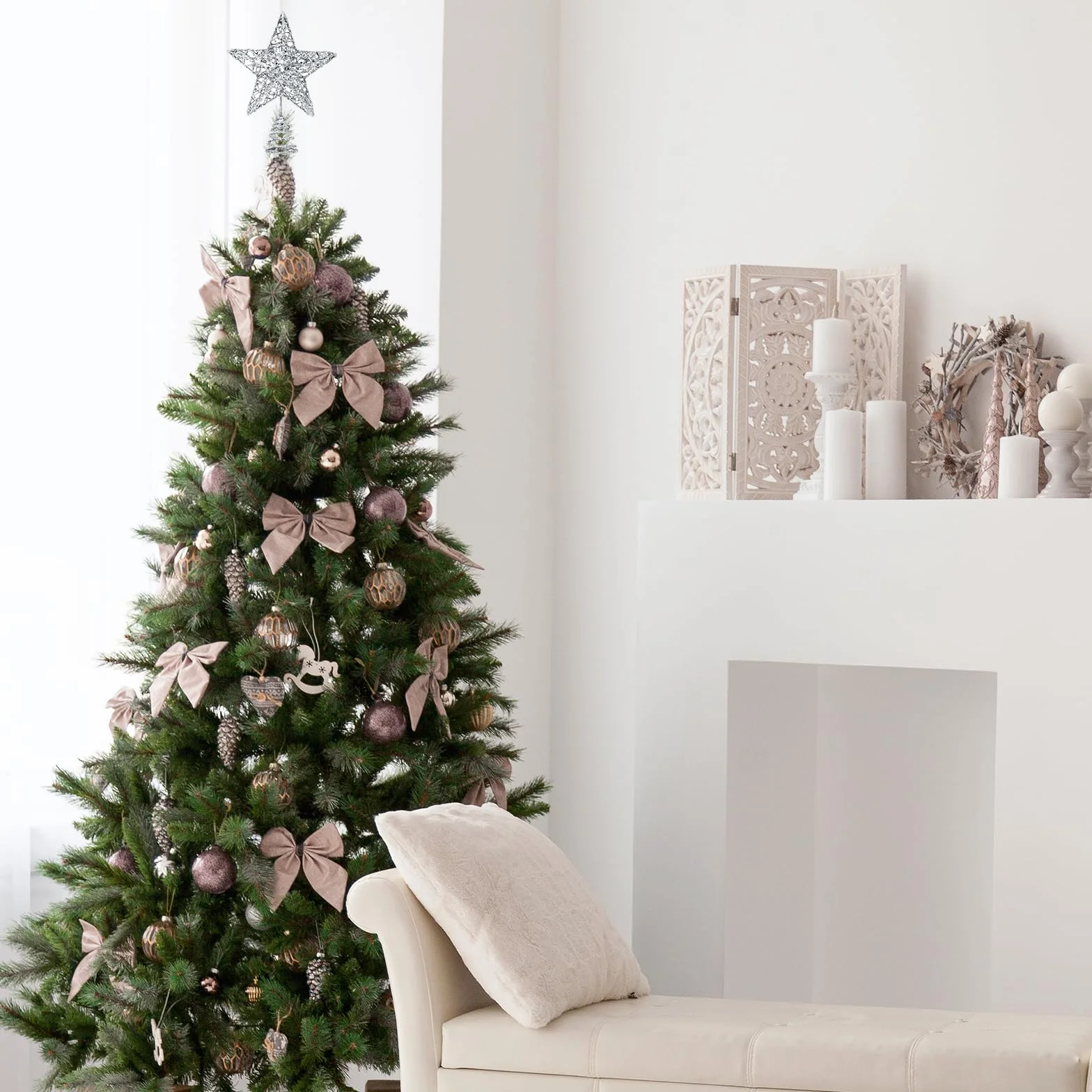 Estrella Plateada Metálica con Purpurina 3D para Árbol de Navidad 20x15 cm