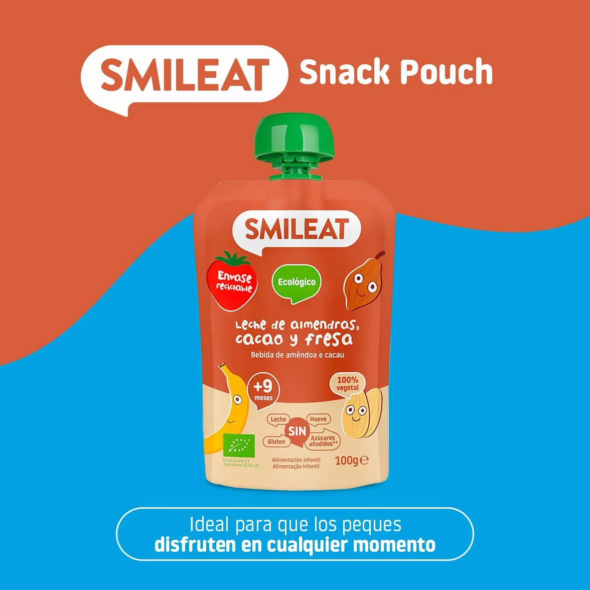 Smileat Pouch de Frutas Ecológicas Sin Sal ni Azúcar Añadido Sin Gluten Snack Práctico para Peques Sabor a Leche de Almendras Cacao y Fresa