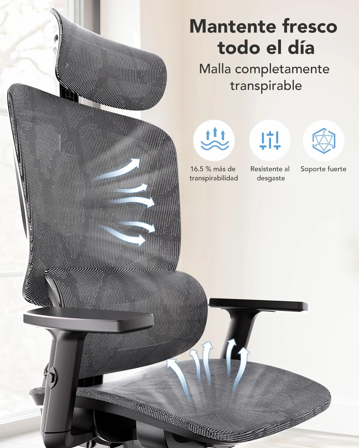 Silla de Oficina ergonómica de Malla HUANUO, Silla de Escritorio de Respaldo Alto con Soporte Lumbar Ajustable, reposabrazos, Mecanismo de balanceo, Silla ergonómica de Gaming de Malla