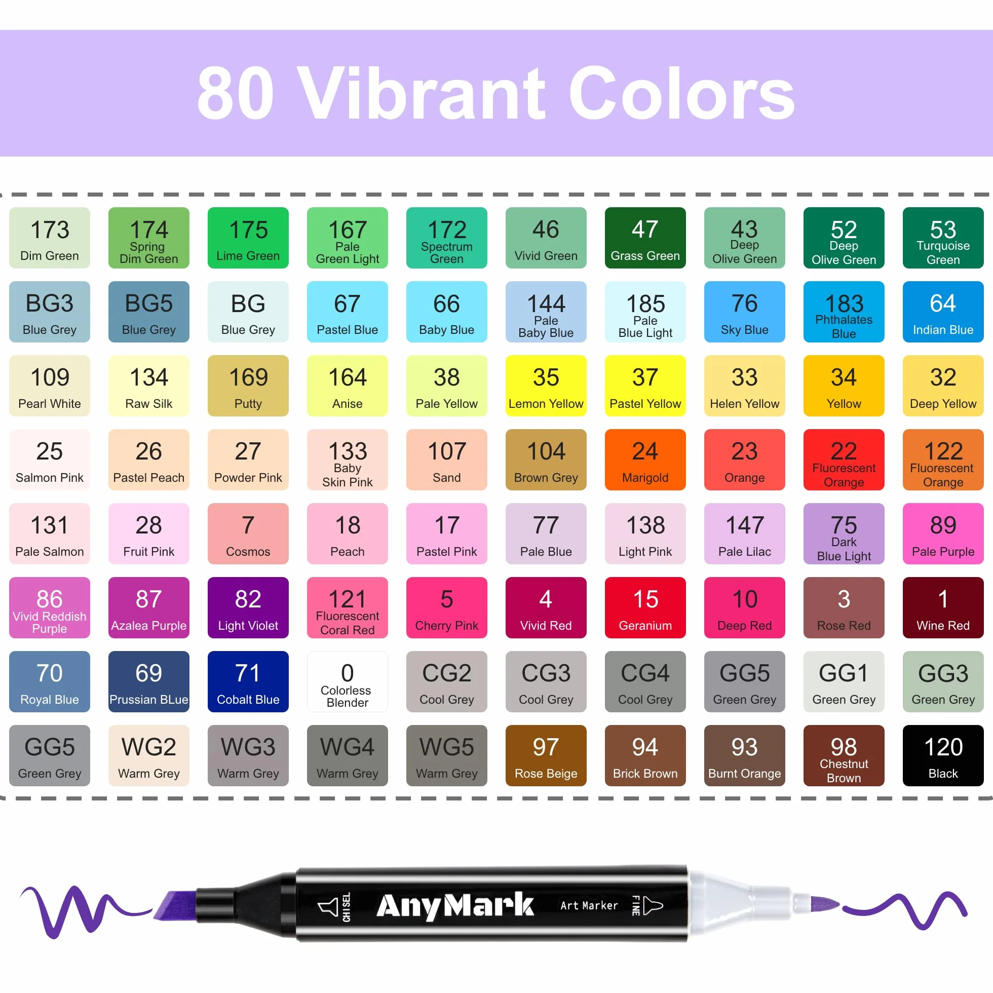 AnyMark Rotuladores de Alcohol 80 Colores, Doble Punta, para Ilustración y Bocetos