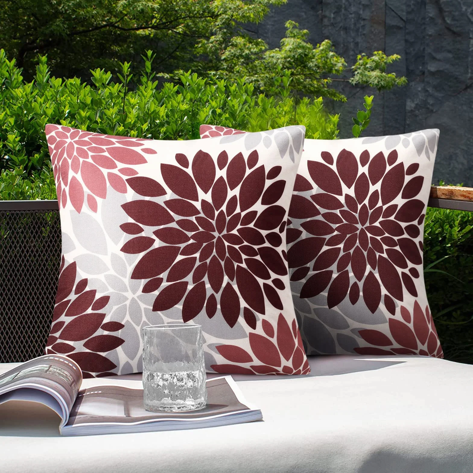Serento Fundas Cojines 50x50 Flores Primavera Rojo Exterior Impermeable Funda de Almohada Cuadrada Lino Juego de 4