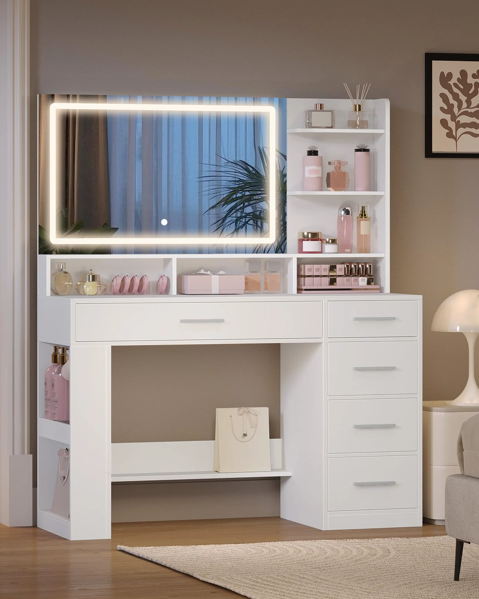 Hzuaneri Tocador con Espejo HD Grande, tocador de Maquillaje con luz LED, 6 Compartimentos Abiertos, 5 cajones y Espacio de Almacenamiento Lateral, 40 x 108 x 138 cm, Blanco DT44003XEU