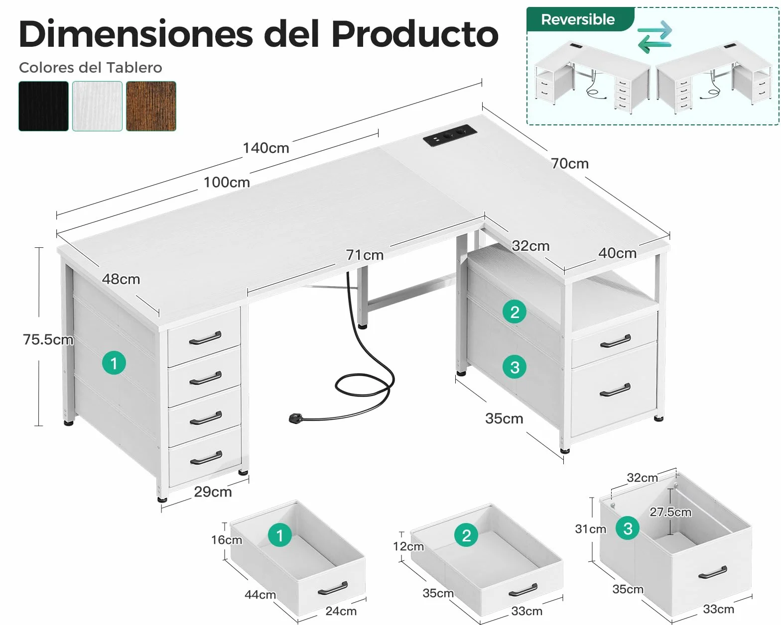 Coleshome Escritorio Esquinero con Cajones de Tela, 140x80cm Reversible Escritorio en L con Cajón para Archivos, Mesa Escritorio para con Puerto de Carga USB y Toma de Corriente, Blanco