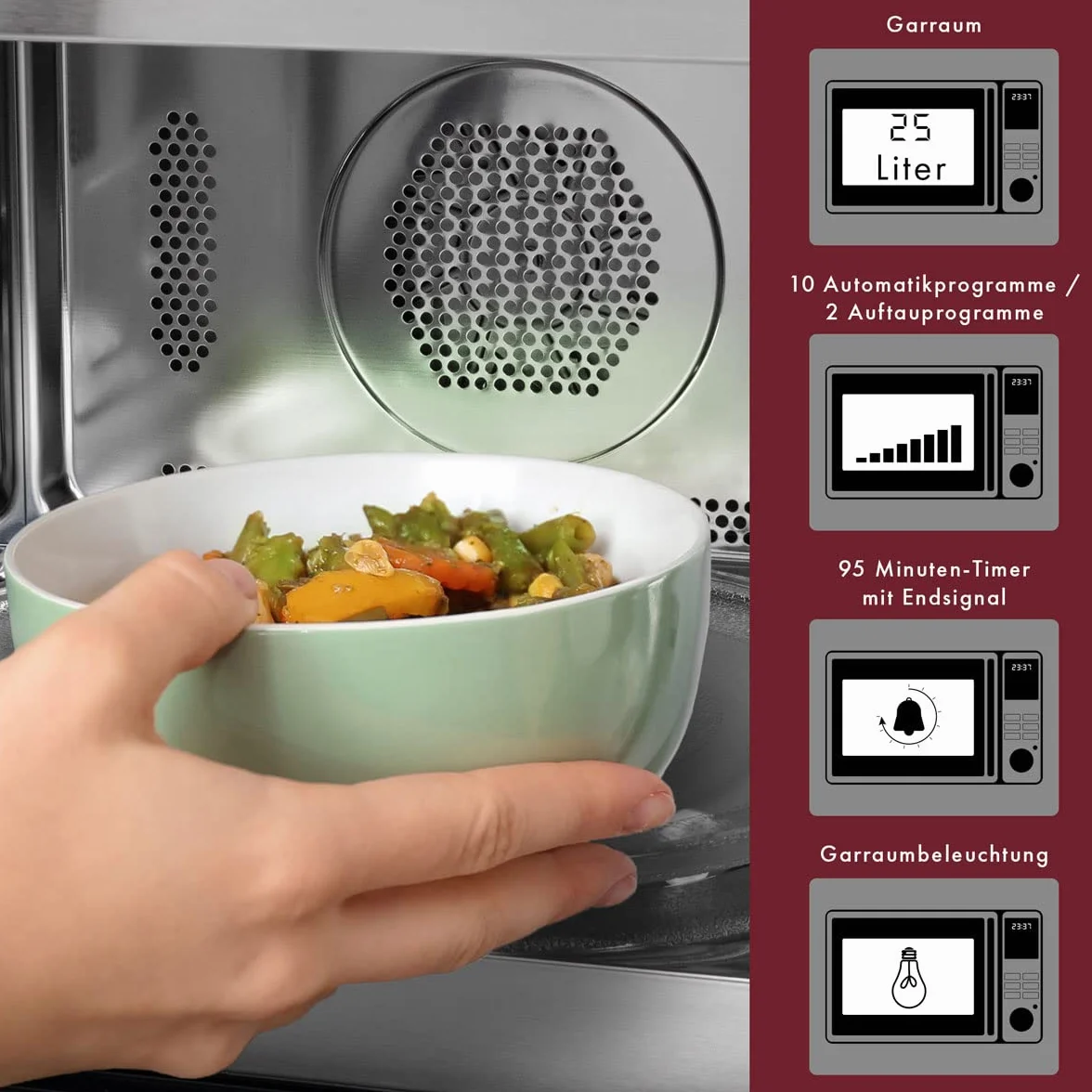 Microondas encastrable Bomann 3en1 con grill y convección,25 L de espacio de cocción, 10 programas automáticos,incl. rejilla grill y plato giratorio (Ø 32 cm),900 vatios,acero inoxidable,MWG 2216 H EB