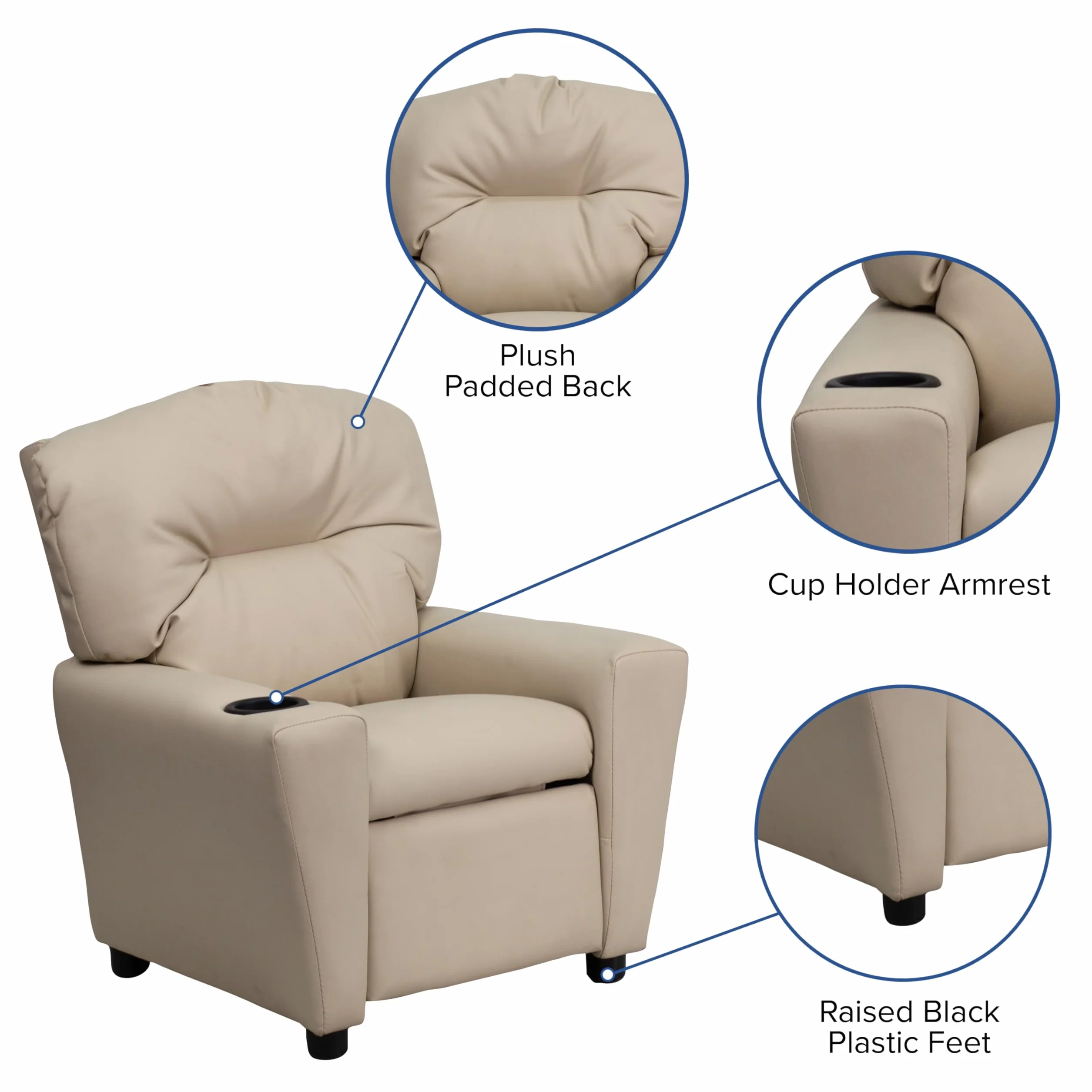 Flash Furniture Sillón reclinable Chandler de Vinilo para niños con portavasos, admite hasta 90 lbs, Beige