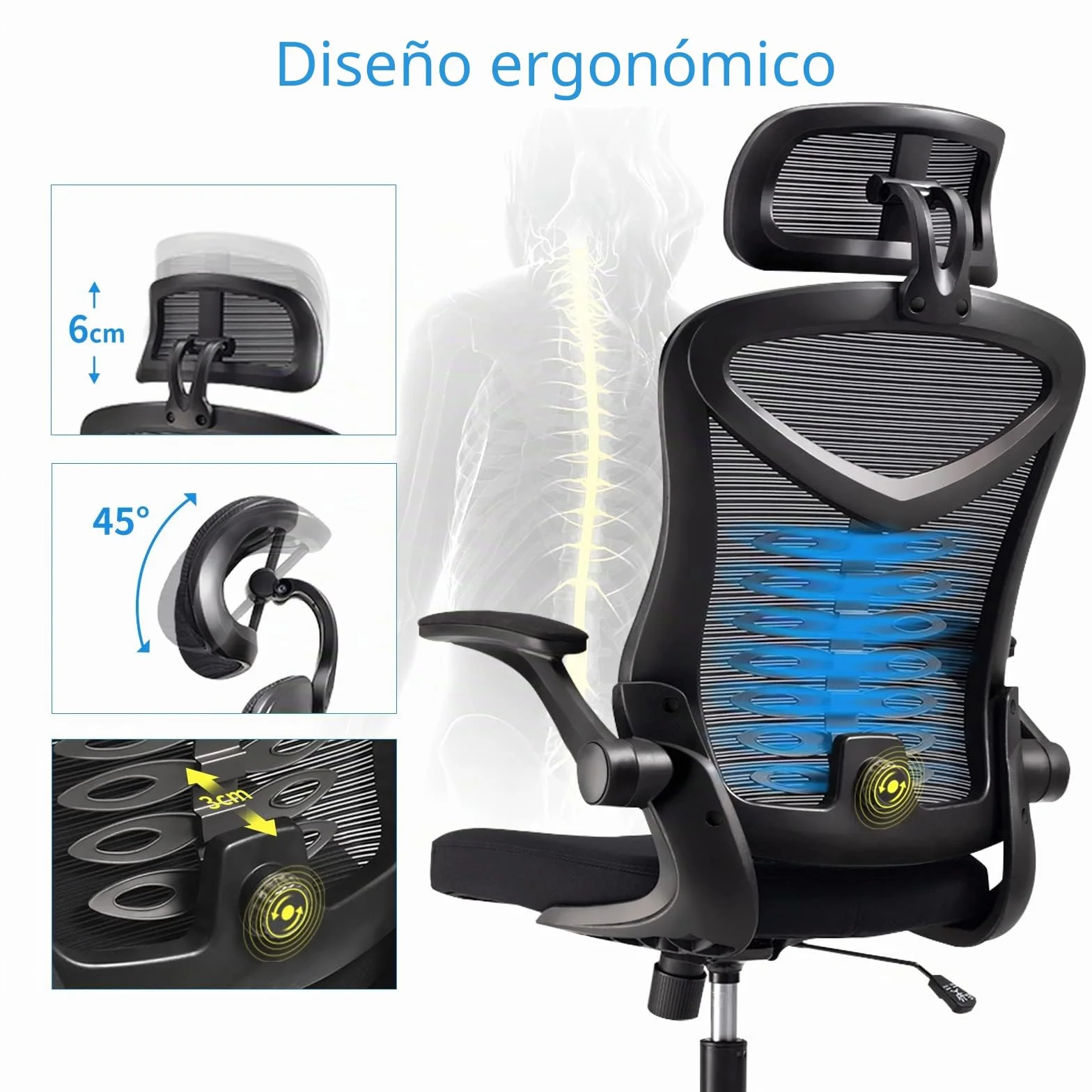 Magic Life Silla de Escritorio Ergonómica Reposabrazos Abatible 90° Soporte Lumbar Ajustable Giratoria 360° Mecedora (Negro)