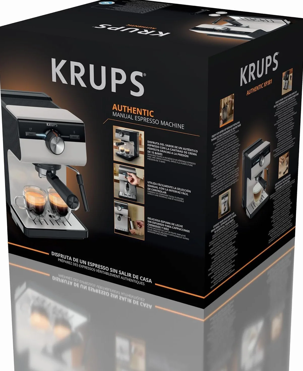Krups Authentic, Cafetera Espresso Manual, 15 bares de presión, Espumador de leche, Ajuste Manual, Cuchara Medidora y Compactadora, depósito de 2 L de capacidad, Inox, XP381B