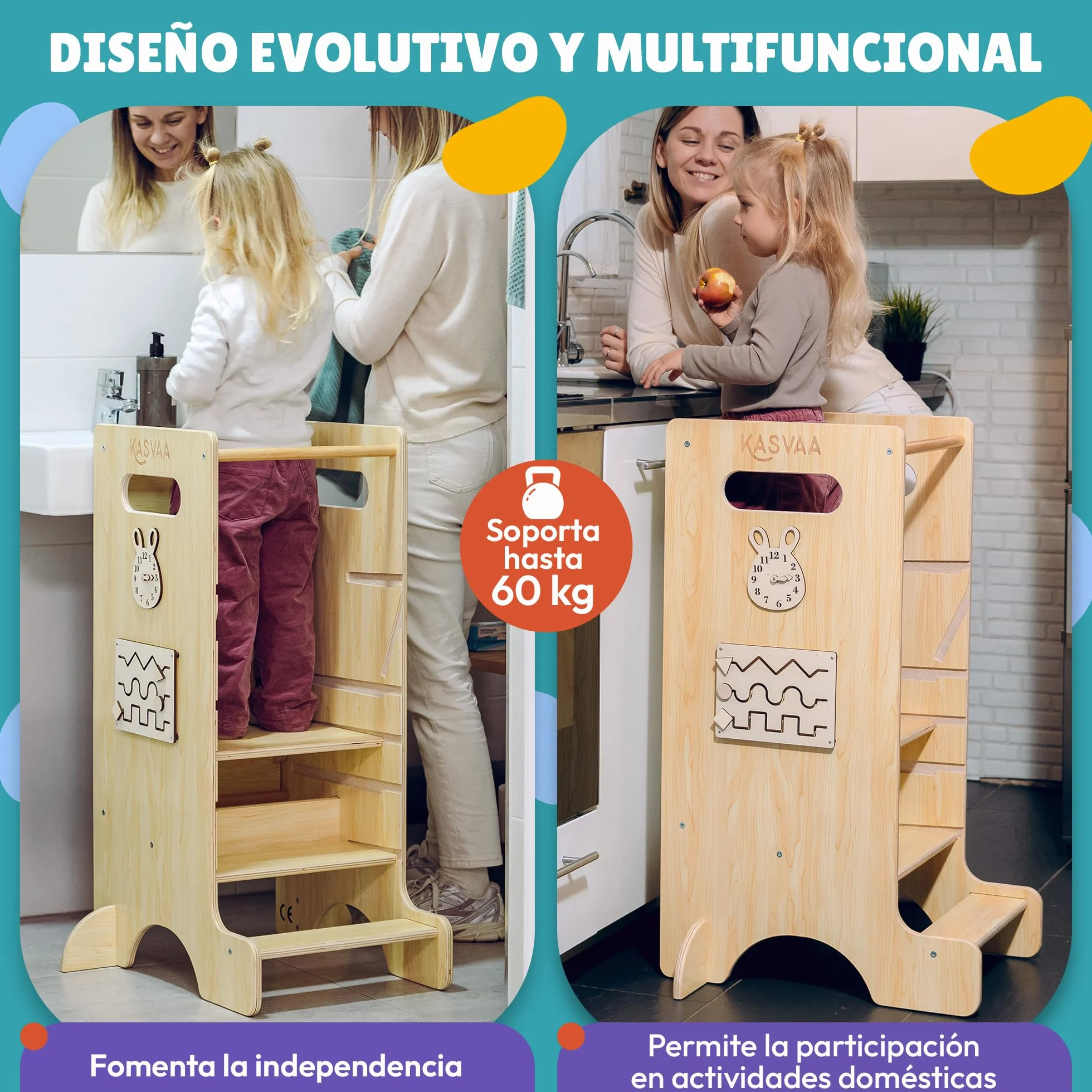 Torre de Aprendizaje Montessori 3 en 1 con Tobogán, Pizarra Magnética y 4 Juegos Laterales – Madera Multicapa, hasta 60 kg