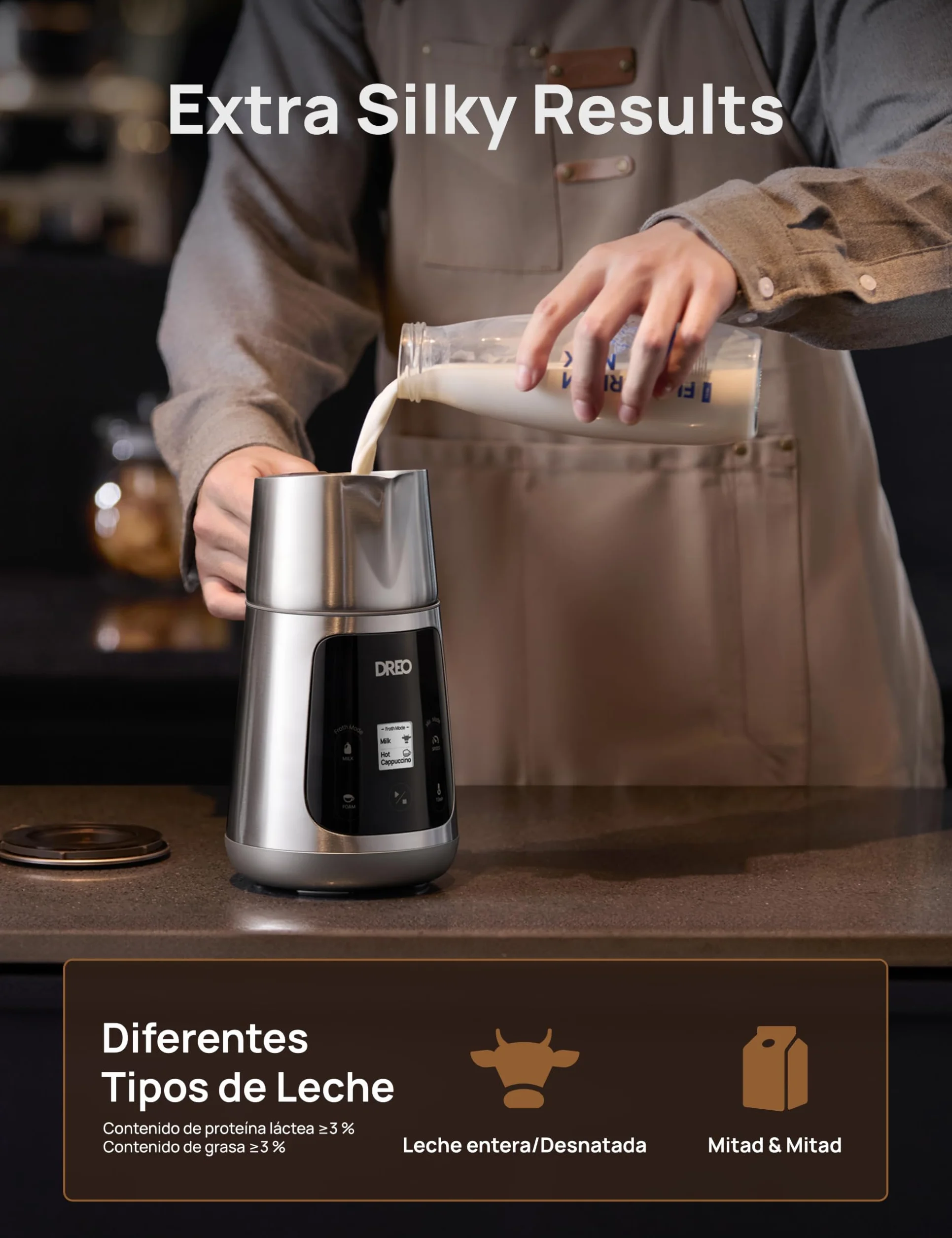 DREO Espumador de Leche Eléctrico 450ml [Actualizado], para Capuchino, Latte Macchiato, Frappé y Chocolate Caliente, Más de 30 Bebidas, Apto para Lavavajillas, Fácil de Limpiar, Pantalla LED