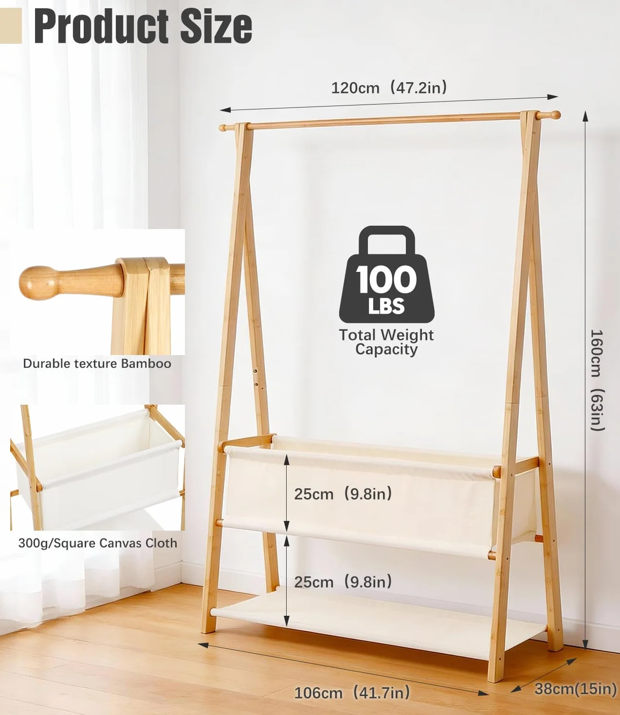 Perchero de bambú, perchero de armario abierto con bolsa de almacenamiento y estante, gancho para colgar, estable para dormitorio y pasillo (L - 120 cm)