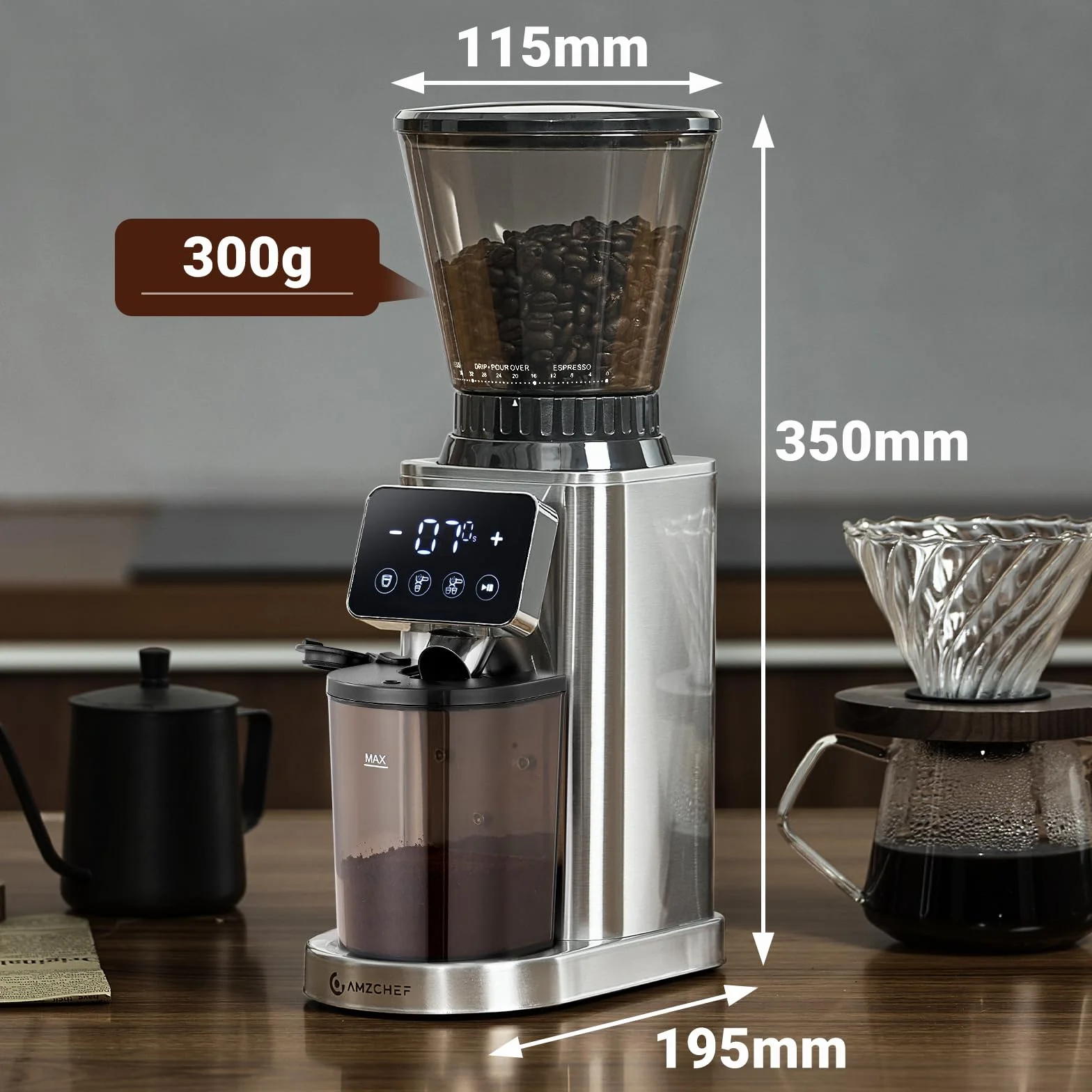 AMZCHEF Molinillo de Café Eléctrico con 48 Niveles de Molienda, Sistema Antiestático, Pantalla Táctil LCD, Depósito de 300 g, Acero Inoxidable, para Espresso, Café Filtrado, French Press