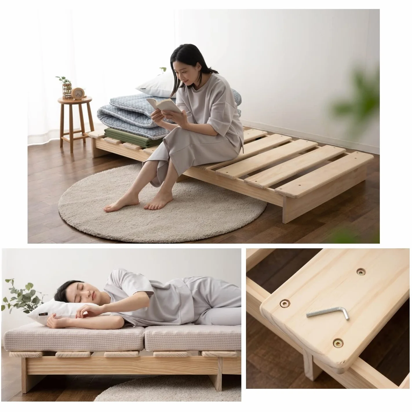 EMOOR Estructura de Cama Baja Listones de Madera KAN SUNOKO 97 x 197 cm para Futón Colchón Japonés Pino Macizo (Sin Pintar), Tatami Dormir en el Suelo