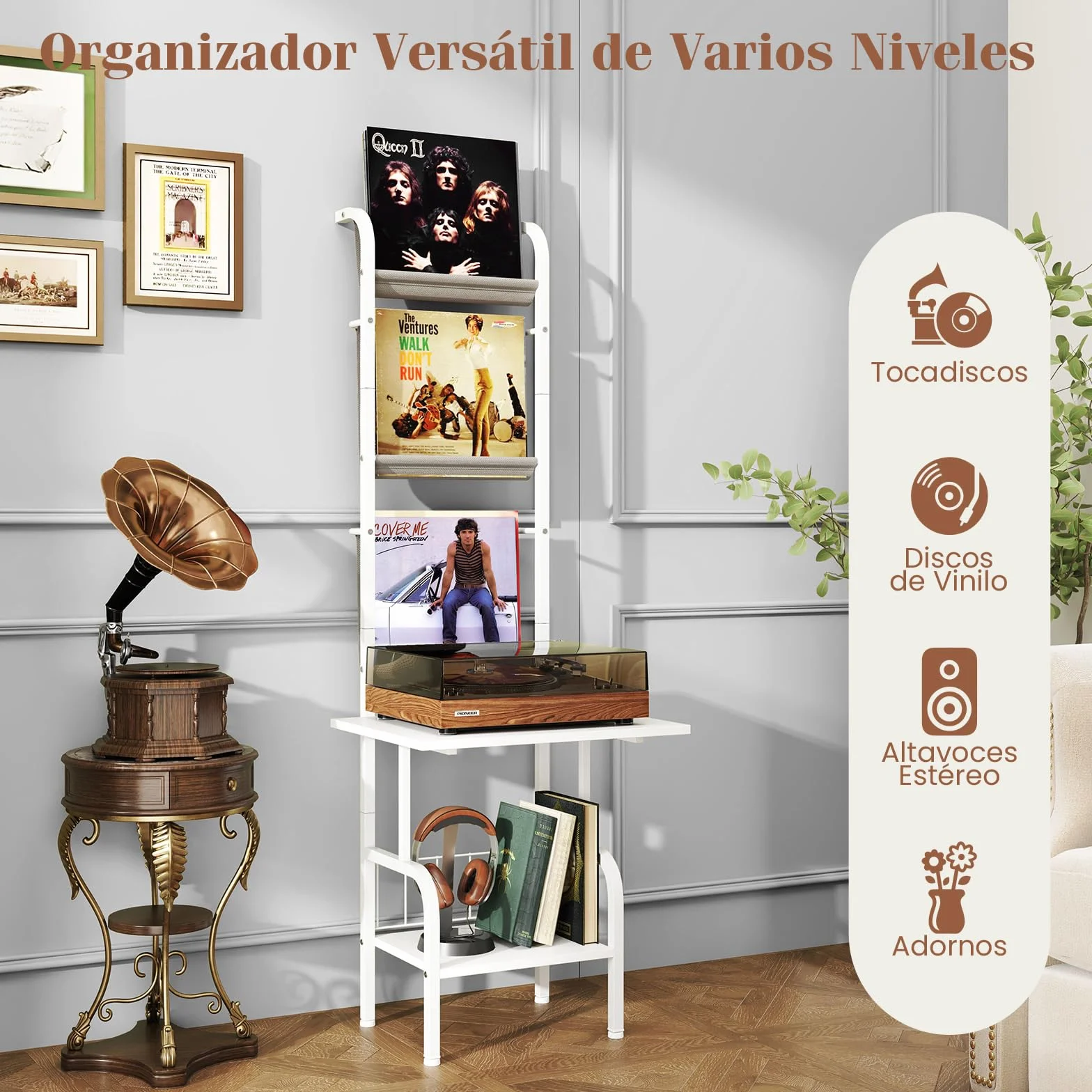 GOPLUS Soporte para Tocadiscos con Almacenamiento de 5 Niveles, Estantería Organizador para Vinilos con Juegos Antivuelco, Soporte para Tocadiscos con 3 Estantes para Discos de Vinilo (Blanco)