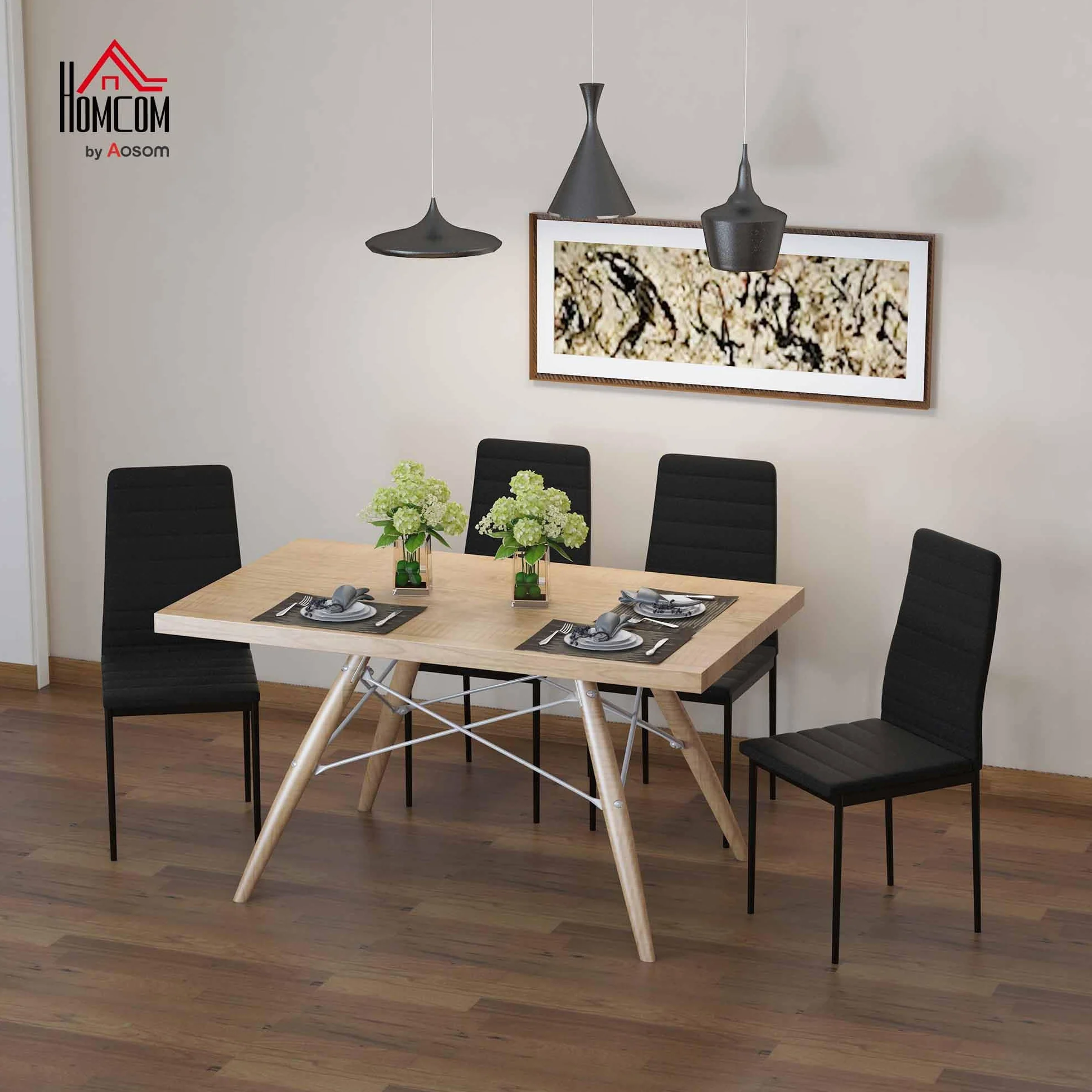 HOMCOM Pack de 4 Sillas de Comedor Modernas, Sillas de Cocina Tapizadas en Lino Sintético con Respaldo Alto y Patas de Metal, para Salón, Negro