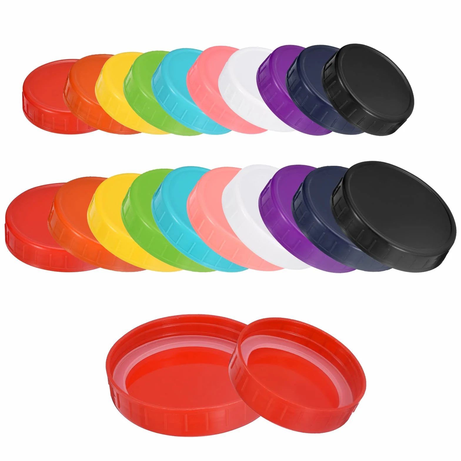 QUARKZMAN Albañil Tarro Tapas, 40uds - Plástico Coloreado Almacenamiento Tapas con Sellos, 20 Regular Boca 20 Ancha Boca Fugas Prueba Adapta Envasado Tapas (10 Colores)