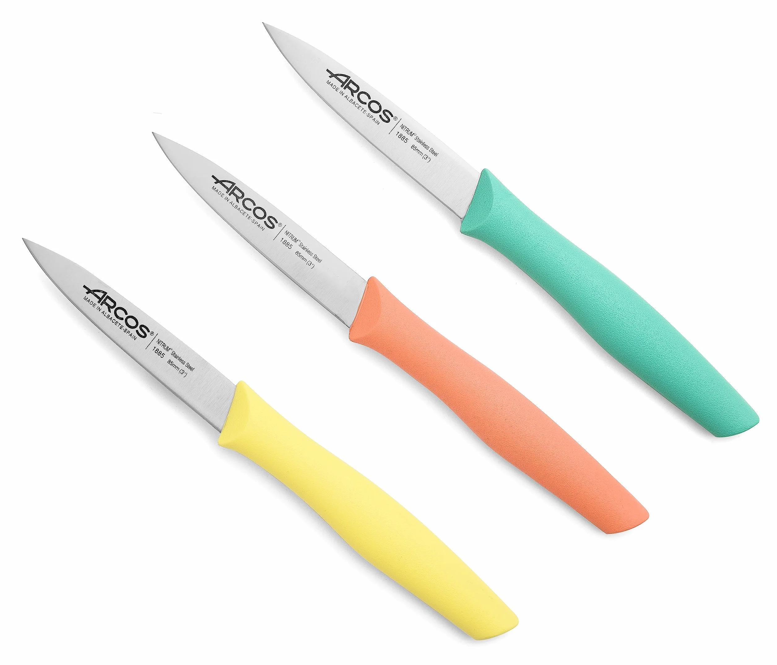 Arcos Set Cuchillos Mondadores 3 Piezas Acero Inoxidable Serie Nova Naranja Amarillo Azul