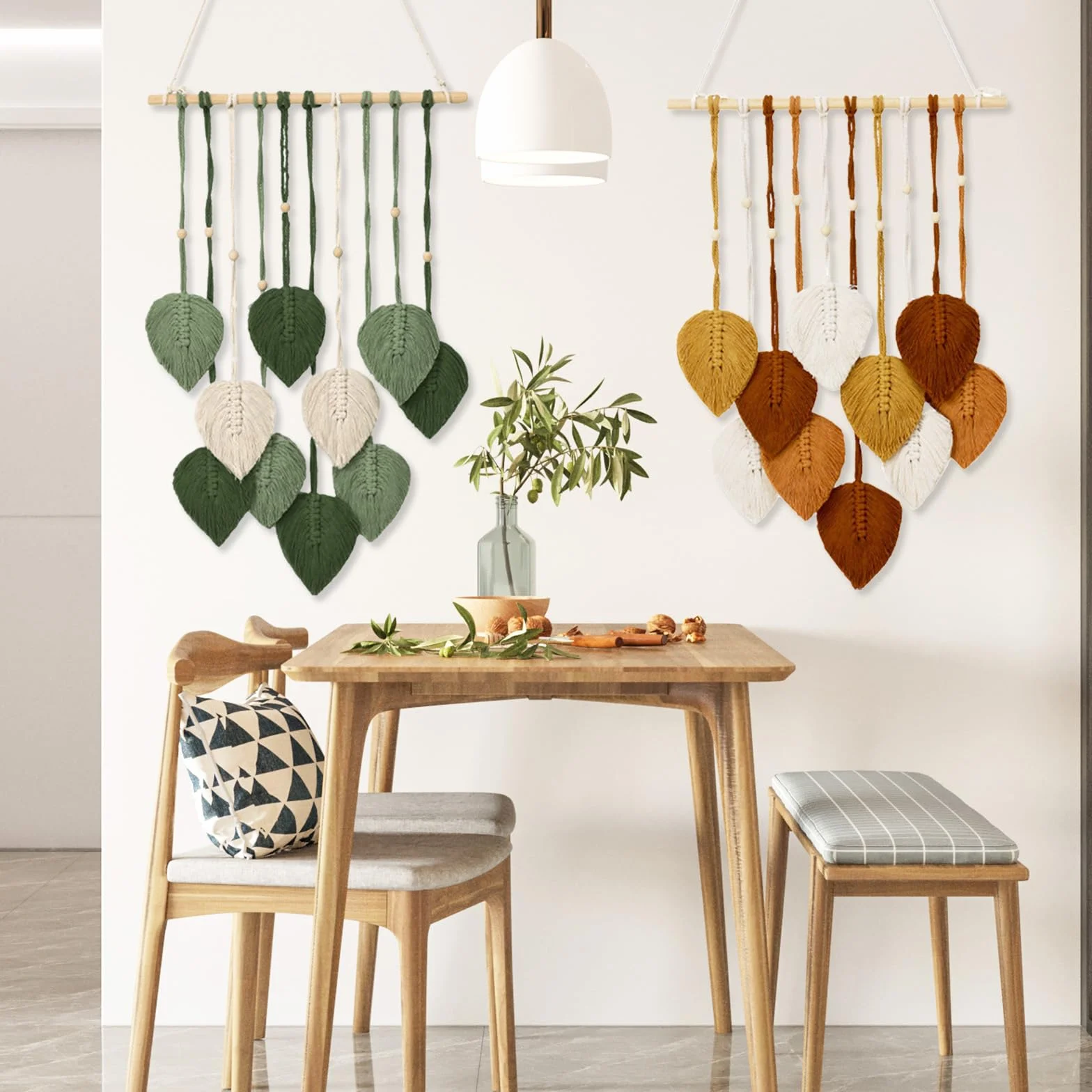 Tapiz Bohemio Hecho A Mano Decoración De Pared 2PCS Colgante Tejido Con Plumas Hojas Y Cuentas De Madera