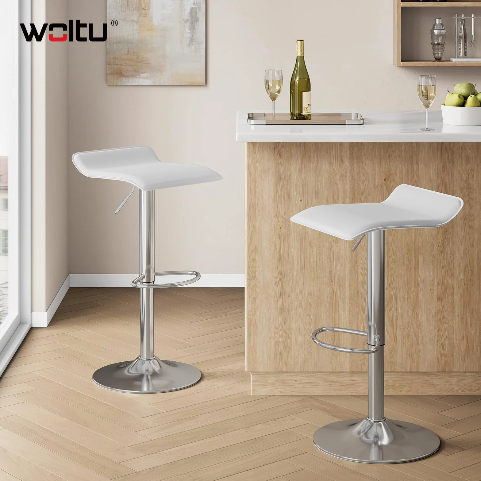 WOLTU Taburetes Cocina Giratorios 360° Altura Ajustable Asiento PVC Blanco+Plata