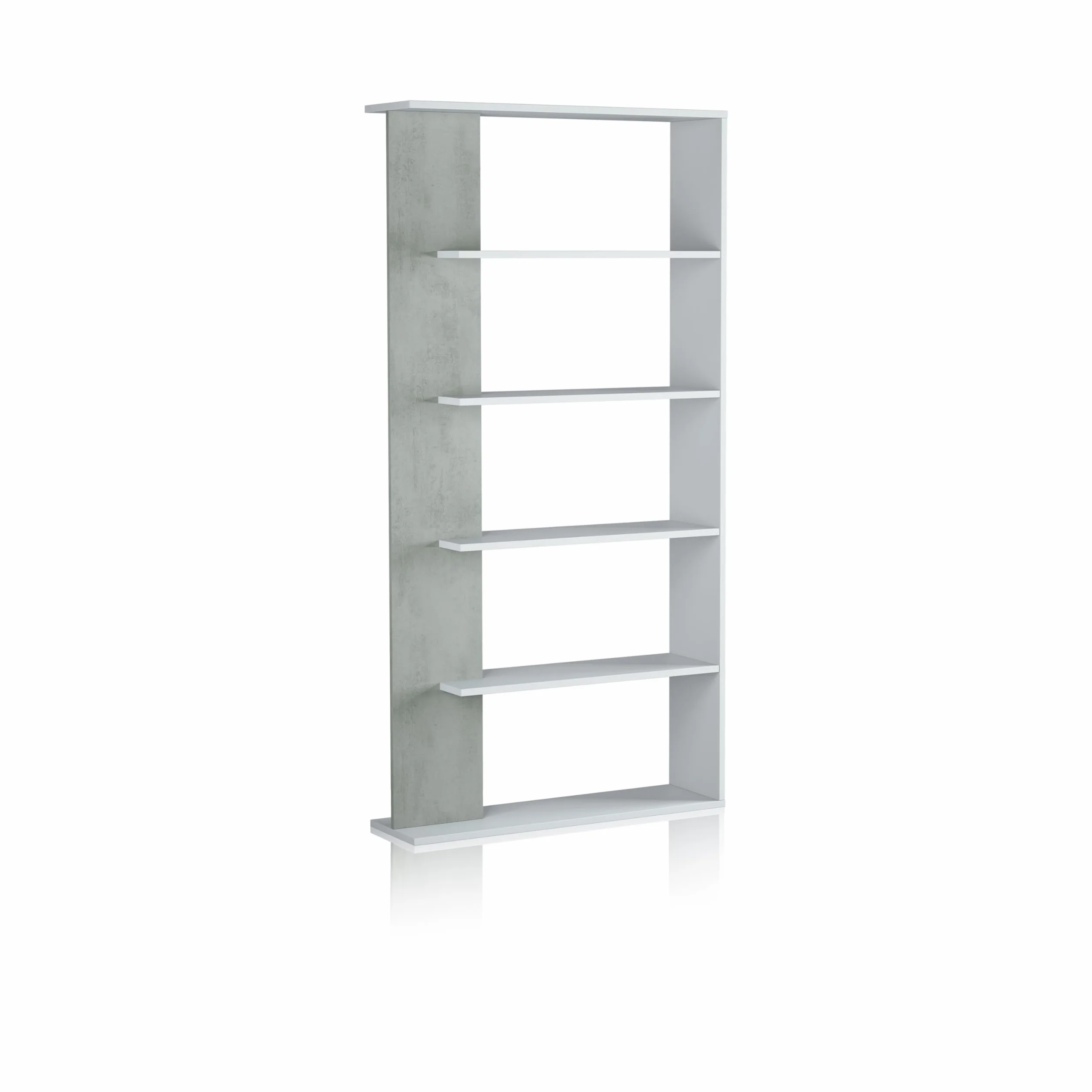 duehome | Estantería 5 baldas, Librería Comedor, Salon, Modelo Opal, Acabado en Color Blanco Artik y Gris Cemento, Medidas: 180 cm (Alto) x 90 cm (Ancho) x 25 cm (Fondo)