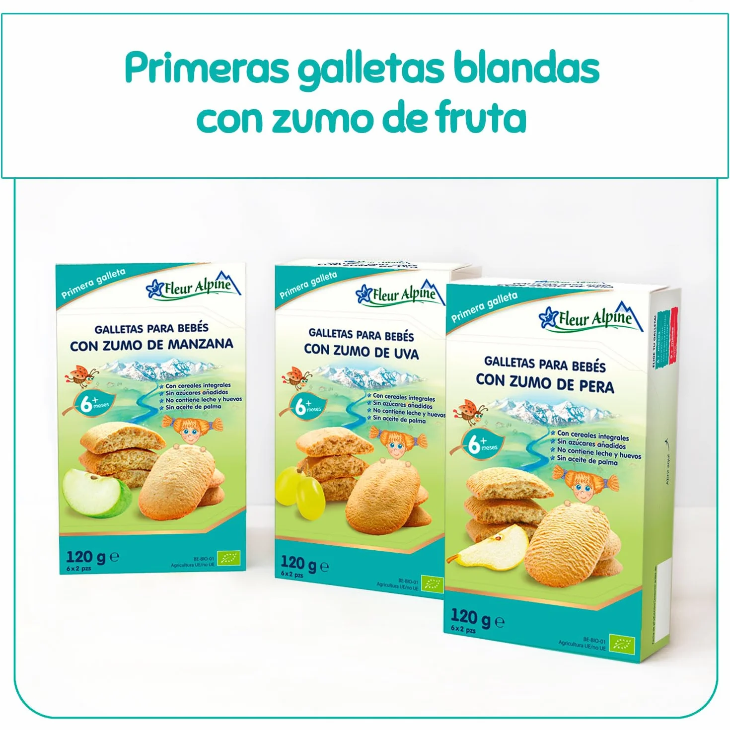 FLEUR ALPINE Galletas para Bebés con Jugo de Manzana 12x2 Bocadillos Orgánicos Sin Azúcar Añadida 6 meses