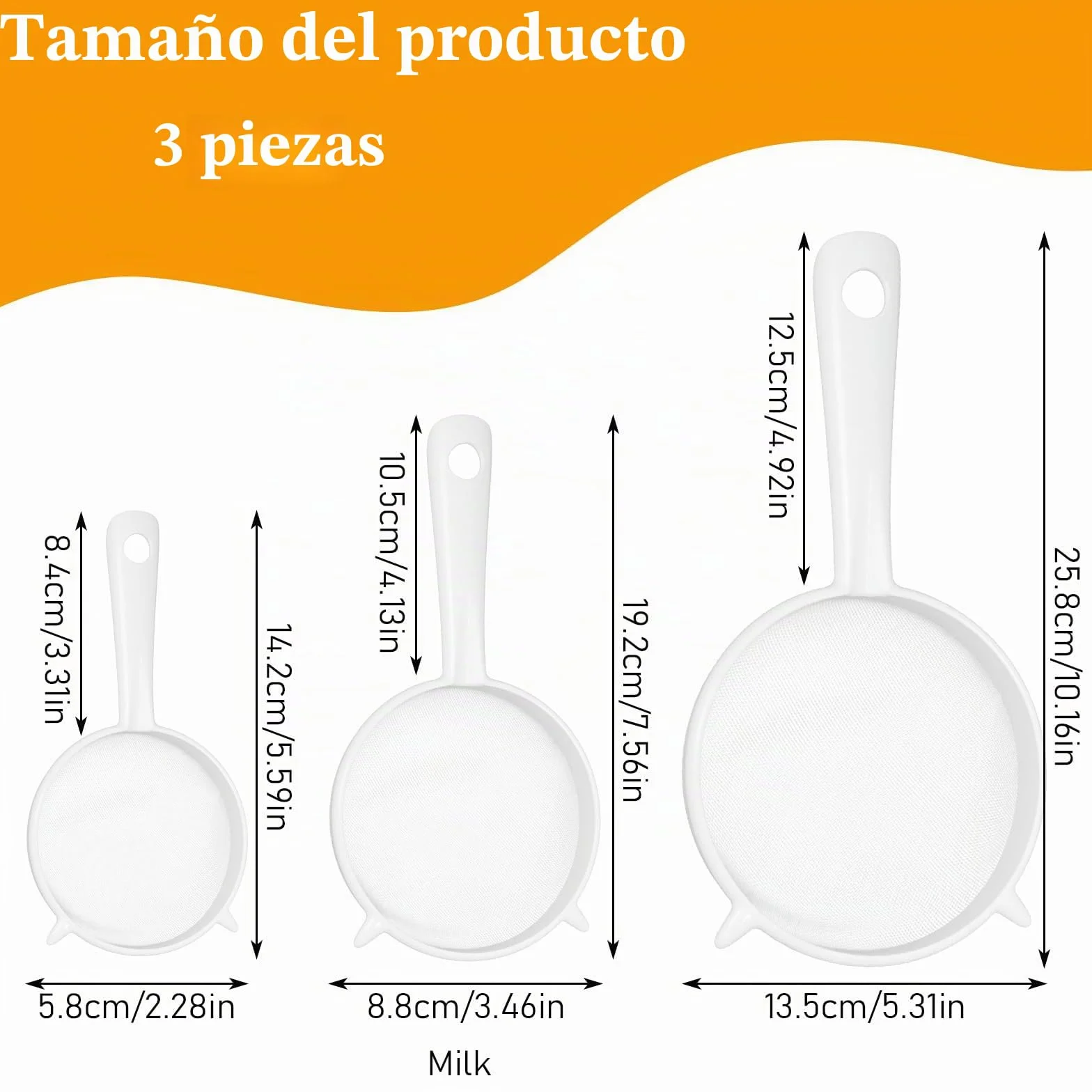 Andibro Juego de 3 Coladores de Malla de Plástico, Tamiz Fino con Mango para Cocina