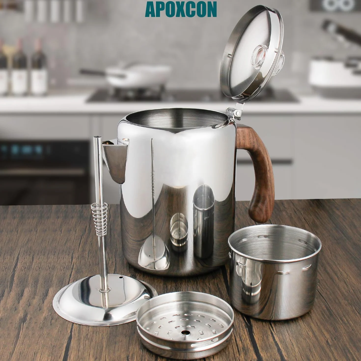 Cafetera percolador de acero inoxidable con perilla de vidrio y mango de madera - para camping y estufa