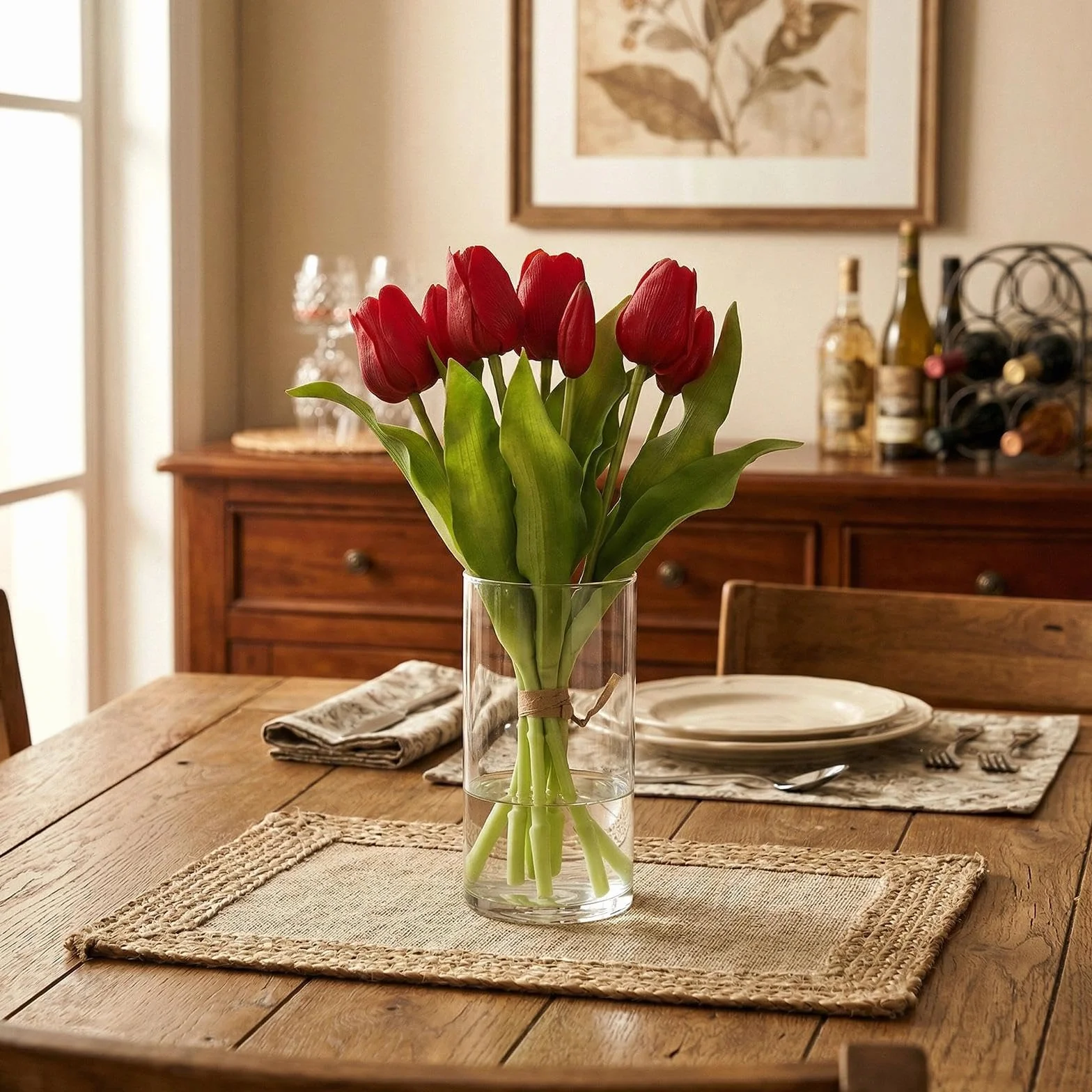 Flores Artificiales Tulipanes Ramo Planta Artificial Decoracion para Mesa Fiestas Hogar (Rojo)