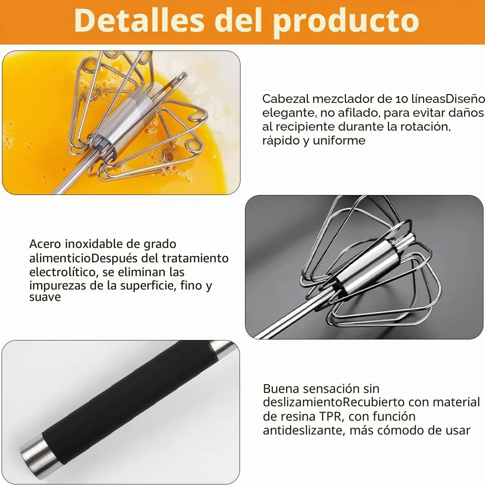 Batidor Semiautomático de Acero Inoxidable 10 Pulgadas, Batidor de Huevos Multifuncional para Cocinar y Hornear