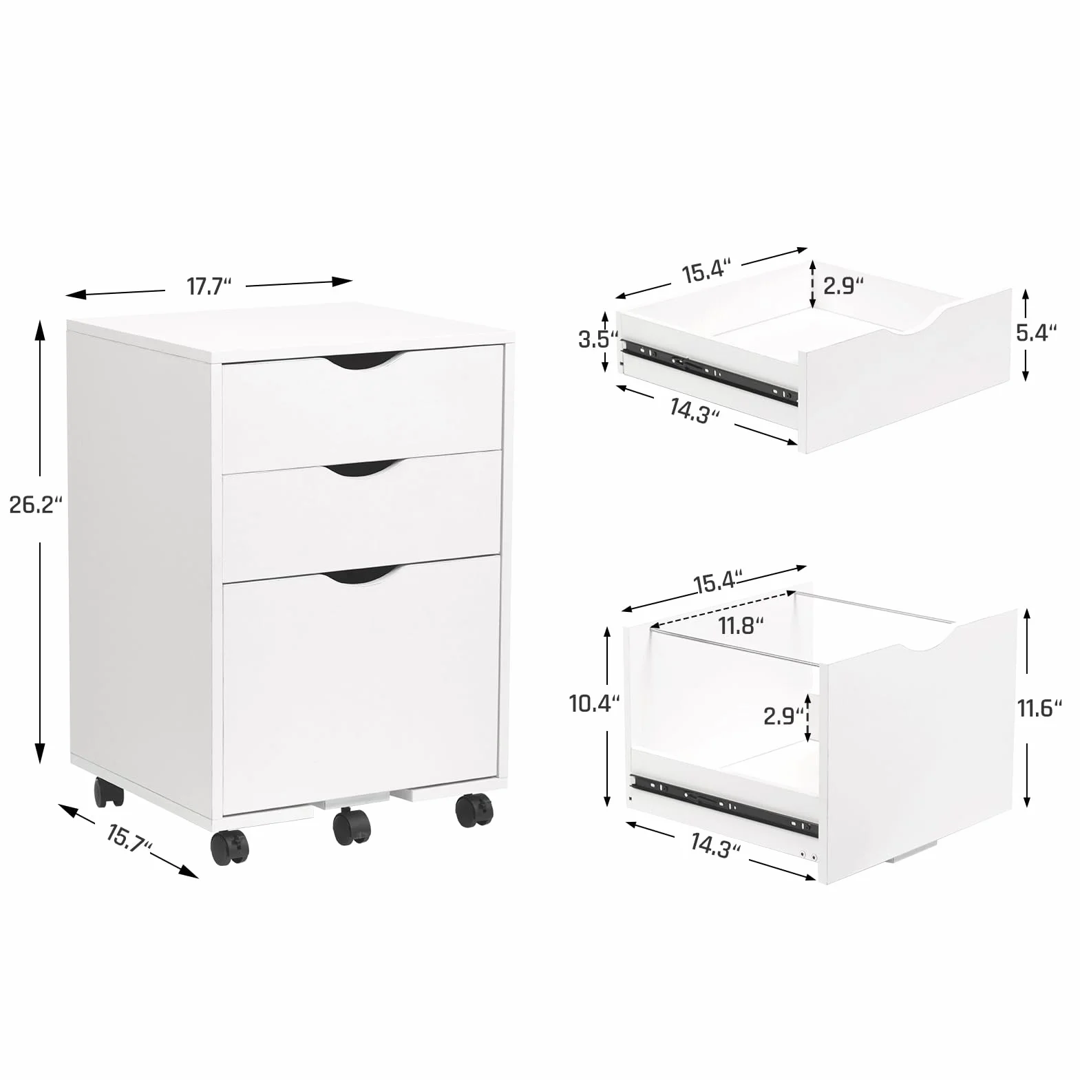 HollyHOME Armario de 3 cajones de madera con ruedas para colgar documentos, color blanco