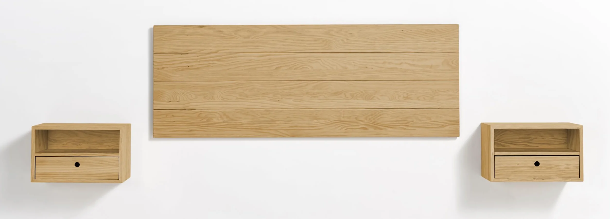 HOGAR24 ES - Cabecero Acabado Madera Maciza Natural + 2 Mesitas Flotantes con Cajón y Hueco Acabado Cera. Medidas Cabecero: 155 x 60 x 2 cm.
