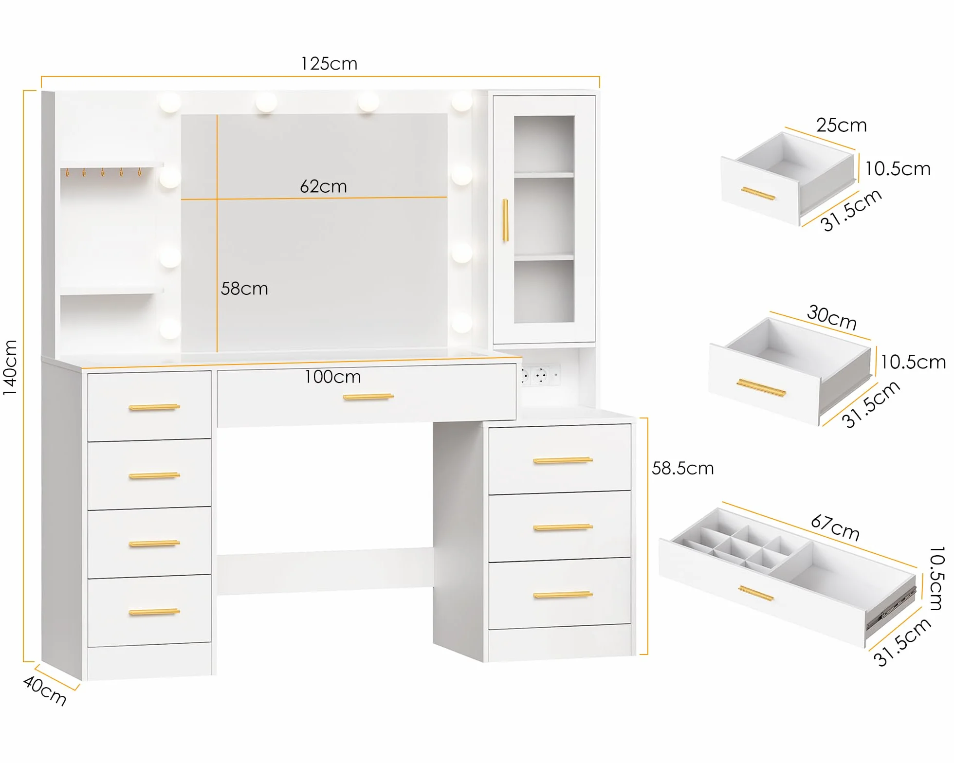 ANWBROAD Grande Tocador con Espejo y Luces LED Regulables Tocador de Maquillaje con Vidrio y Enchufes,Mesa de Maquillaje con 8 cajones 3 estantes Abiertos y 5 Ganchos para Joyas Moderno Blanco BDT88W